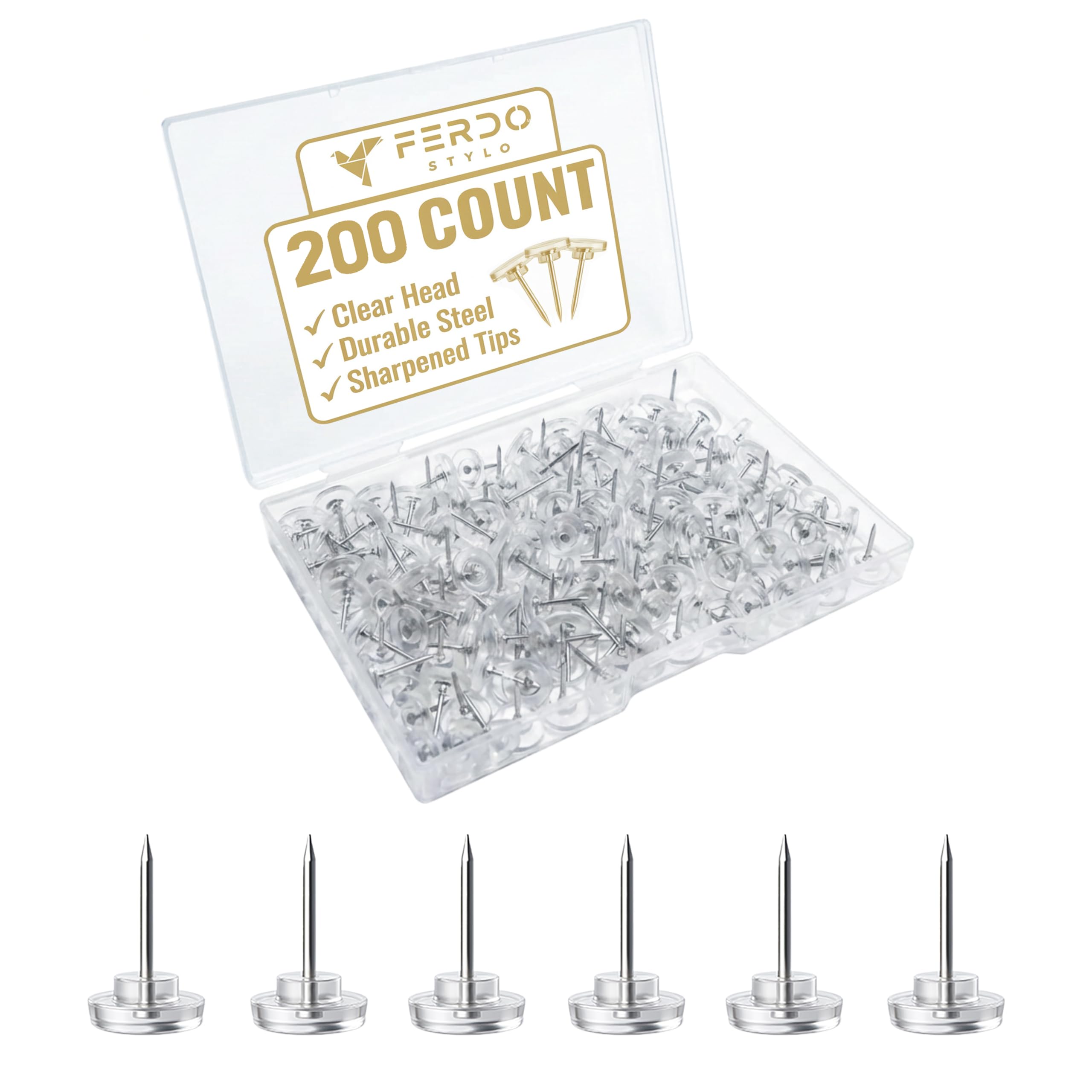 Ferdo Stylo Clear Push Pins, 200 Pack, Plastic Head, Steel Point, Clear Thumb Tacks, Flat Head Thumb Tacks, Plastic Push Pins for Cork Board, Wall Hanging, Bulletin Board, Maps image 8