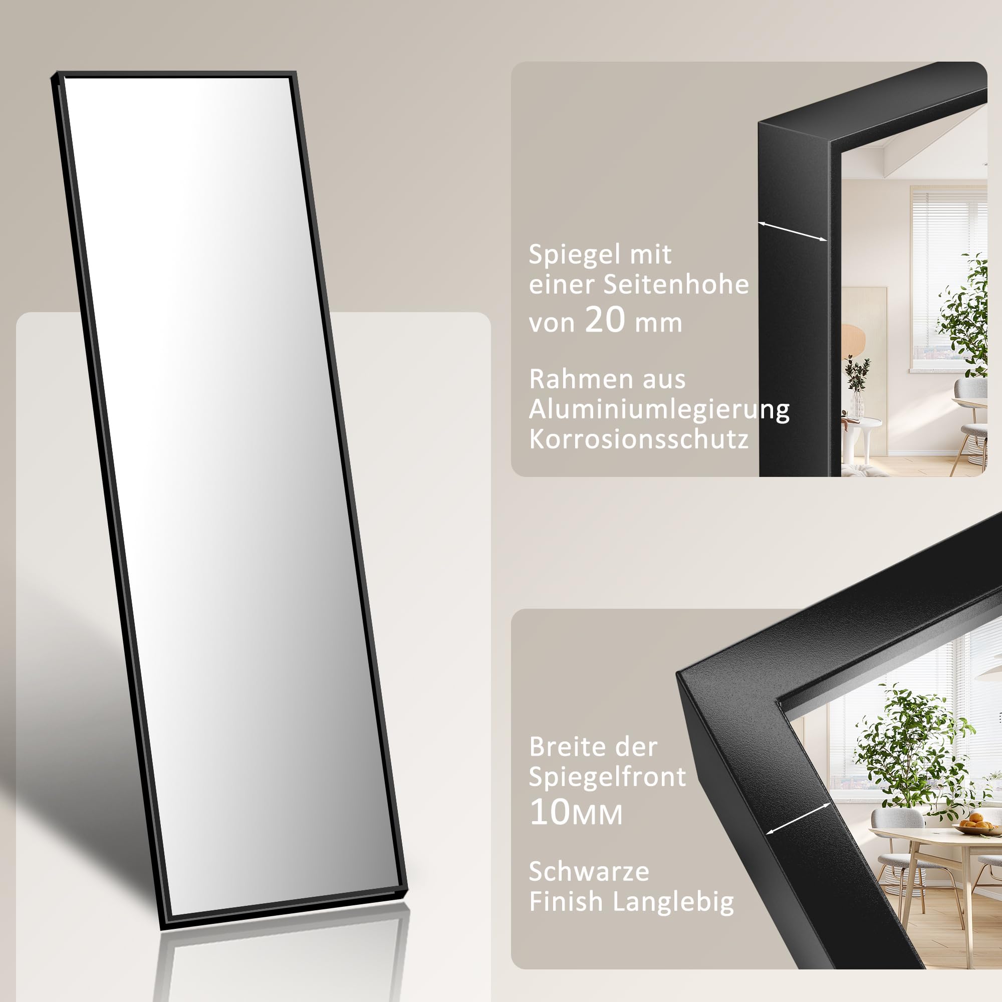 160 x 40 cm minimalistische Rahmen Standspiegel Ganzkörperspiegel, Schwarz Metallrahmen Rechteck Wandspiegel Stehspiegel Standspiegel für Schlafzimmer, Wohnzimmer, Flur und Garderobe