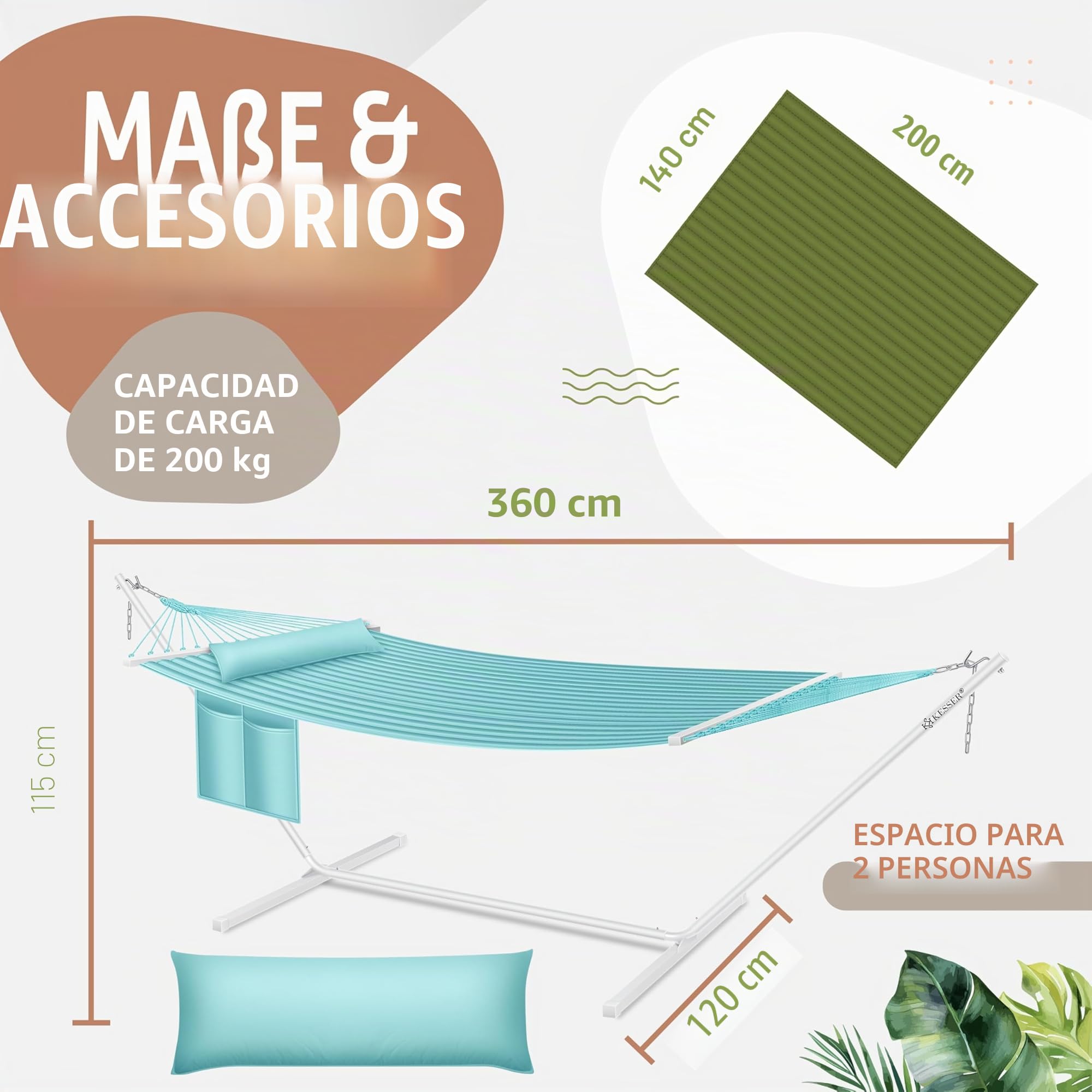 KESSER® Hamaca Hill con cojín estructural doble para 2 personas, marco estable, 200 kg, interior-exterior, XXL, gris/azul