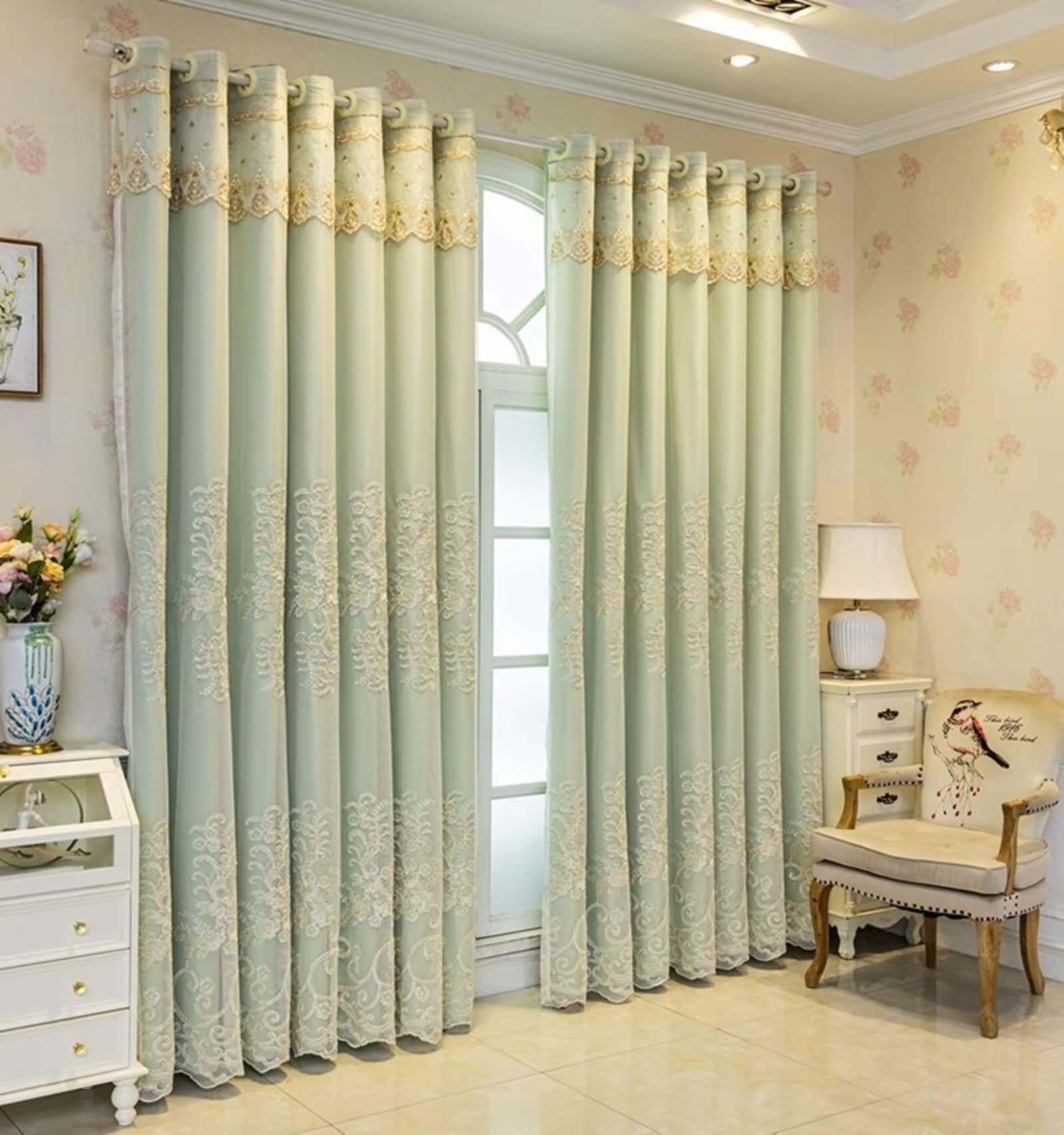 Zasłony zewnętrzne zaciemniające, zielona zasłona okienna do sypialni dwuwarstwowa koronka haft poliester zestaw 2 szt. 102 W x 244 l cm