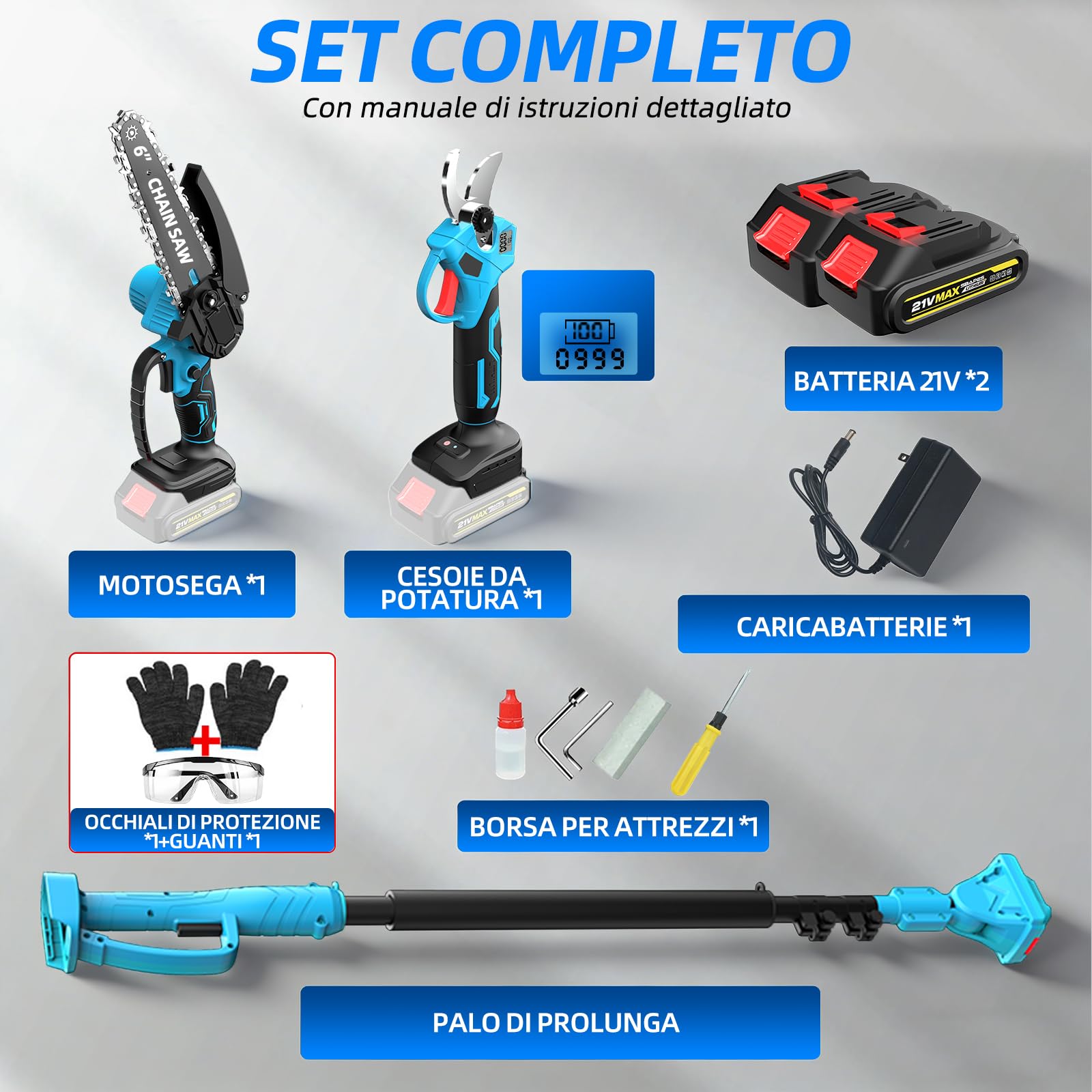 4 in 1 Potatore a batteria Motosega Mini da 15 cm (6″) con asta telescopica (2,5 m) + Cesoia elettrica 35 mm, incl. 2 batterie 21V – perfetto per la cura degli alberi e il taglio dei rami