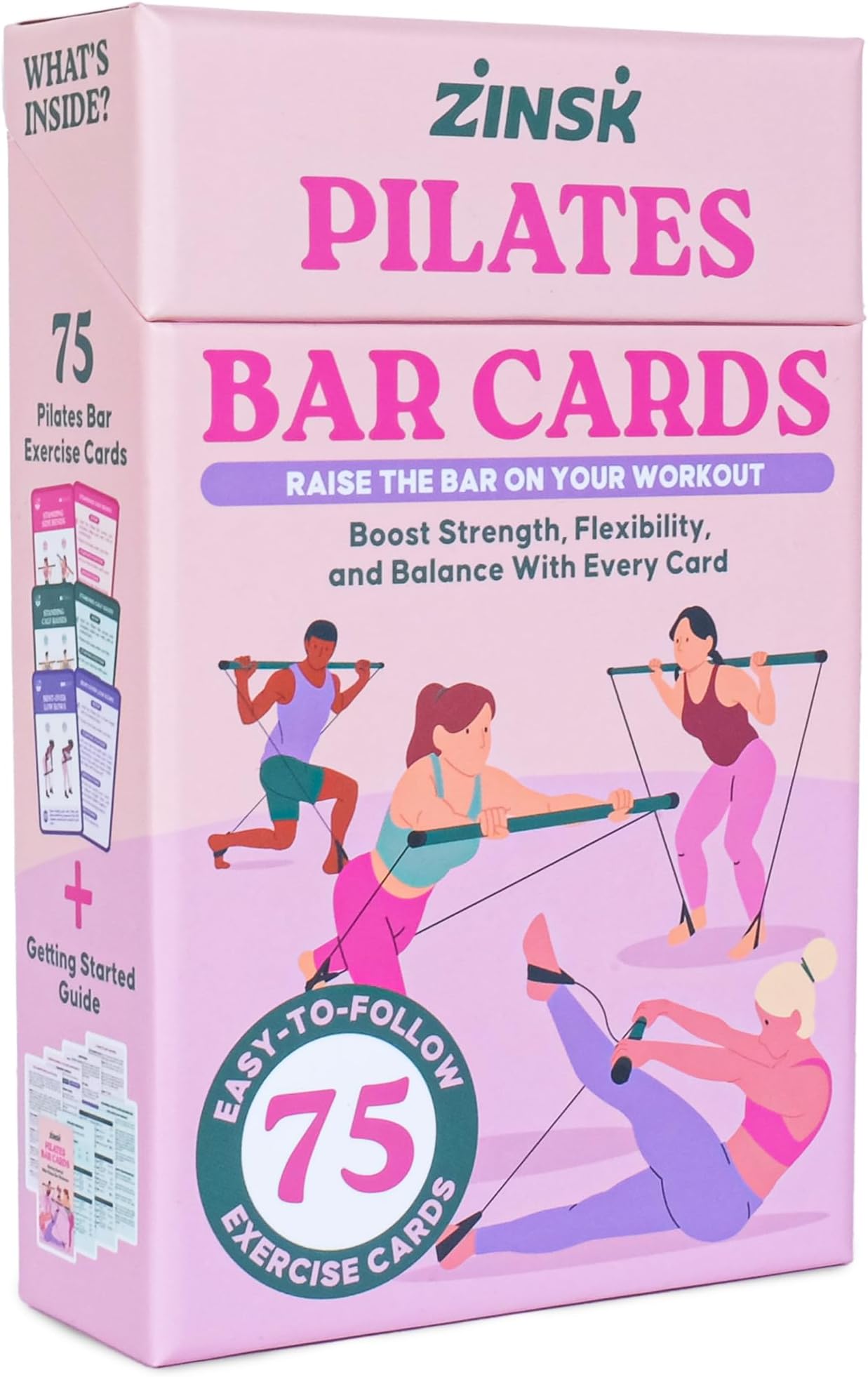 Zinsk 75 Pilates Bar Exercise Cards – Create Home Workouts that Sculpt and Tone – 3" x 5" Cards with Full Instructions – Includes Getting Started Pamphlet with 8 Pre-Made Routines