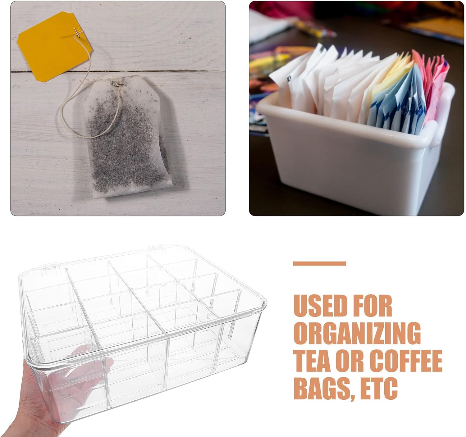 Plastic Tea Bag Holder: Clear Plastic Box With Lid - Large Capacity Tea Packets Organizer Chest With 16 Compartments - Teabag Storage Containers For Cabinets