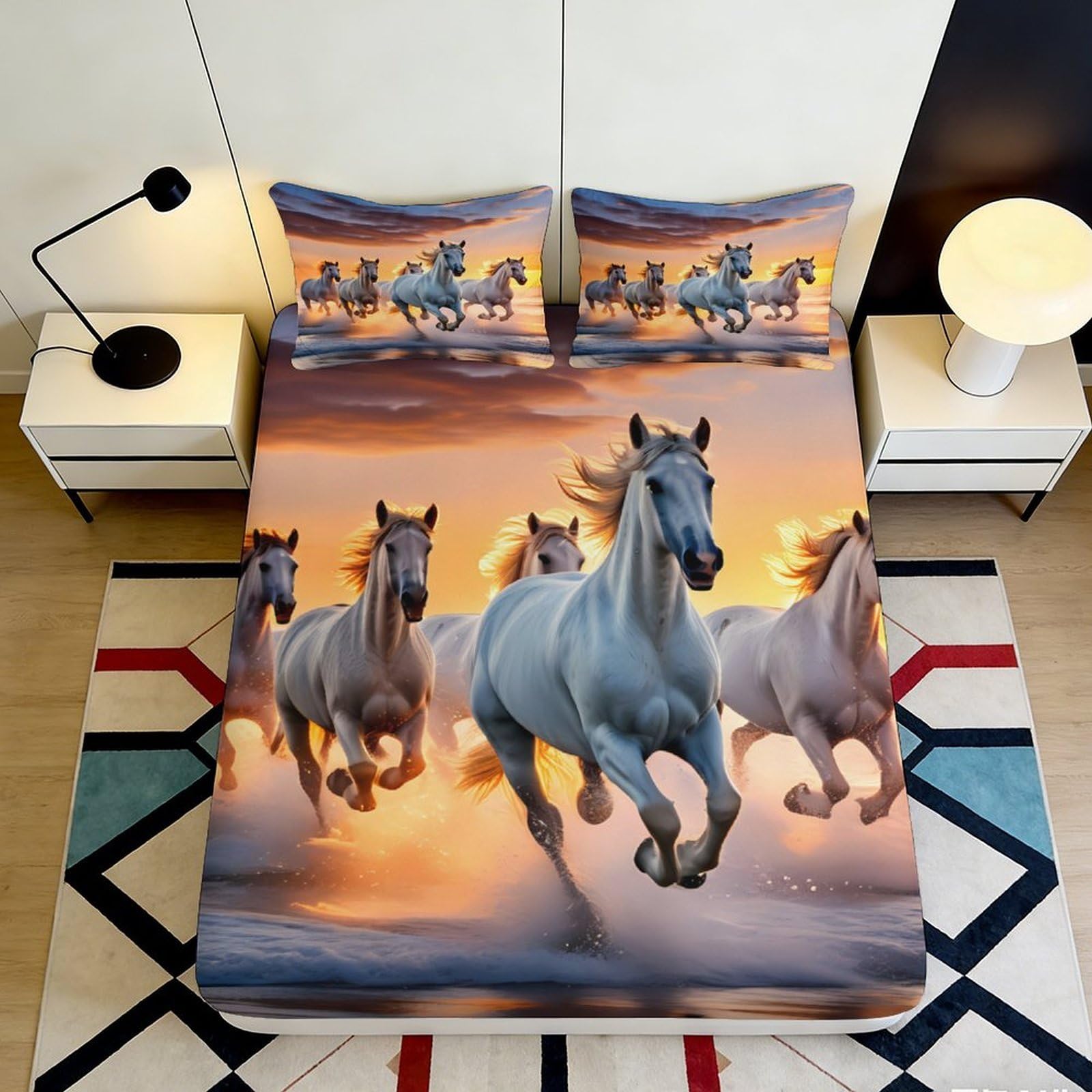 3D Printed Galloping White Horses Fitted Sheet Microfiber Sunset Beach Mattress Cover for Bedroom Guest Room Decor 160x200x25cm