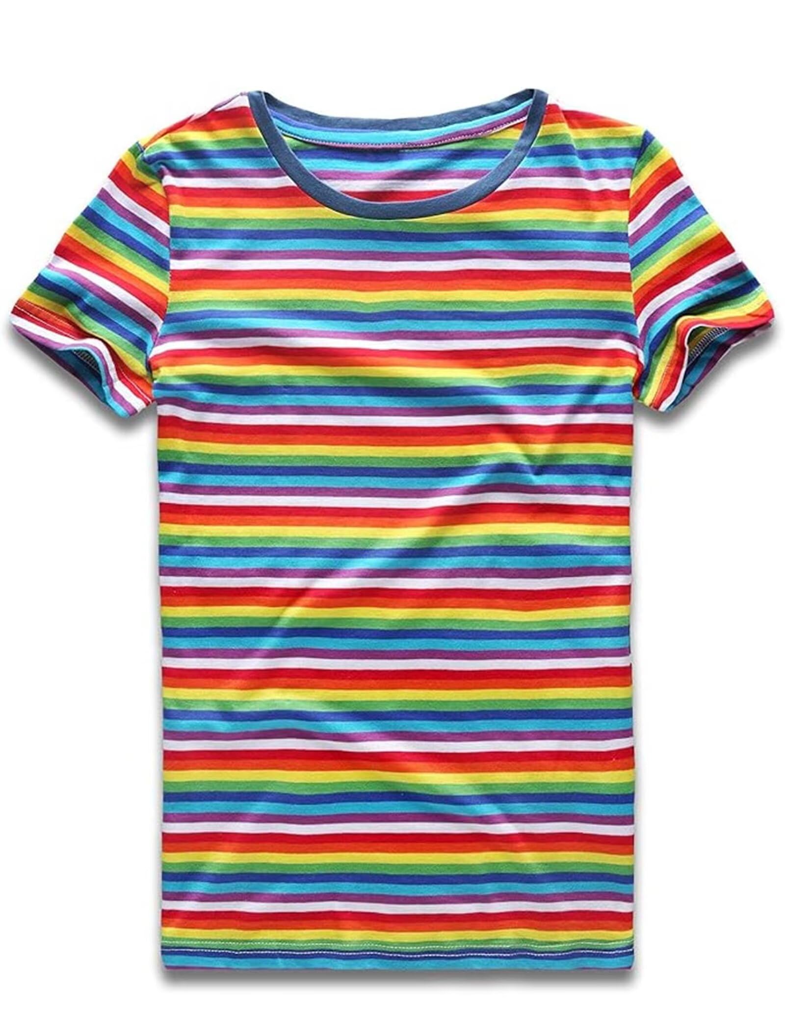 Rainbow T Shirt Women Striped Crew Neck Short Sleeve Stripes Tee Top Stripped