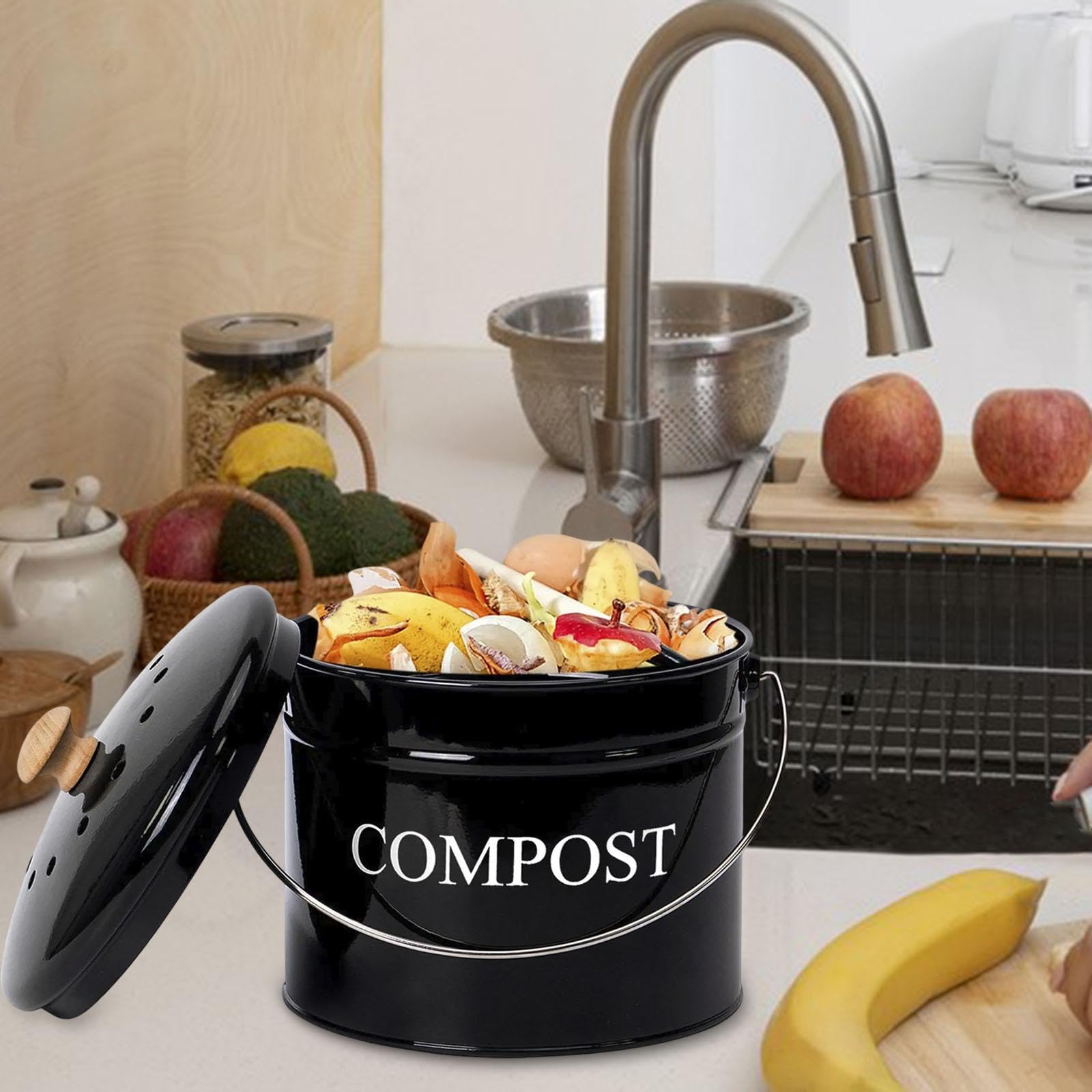 Composteur En Métal pour Cuisine, Poubelle écologique avec Poignée de Transport, Sans Odeur, Idéal pour La Maison, Noir