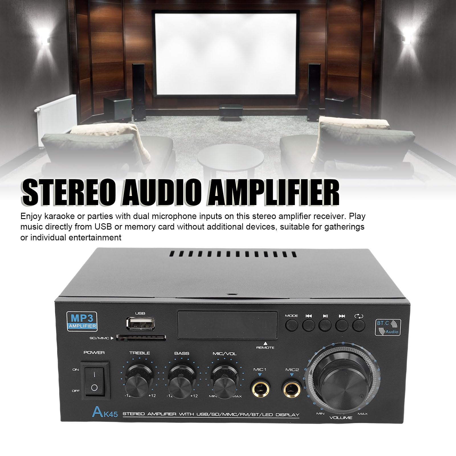 Amplificatore Stereo Audio 2.0, Ricevitore da 400W di Picco | Amplificatore Bluetooth con USB, scheda di memoria, AUX, ingresso microfono, per sistema di altoparlanti Home Theater