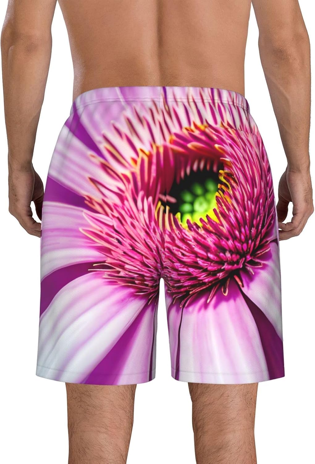 Mens Pink Flower Tropical Plant Print Beach Shorts,Casual Summer Shorts for Men,Quick Dry Polyester
