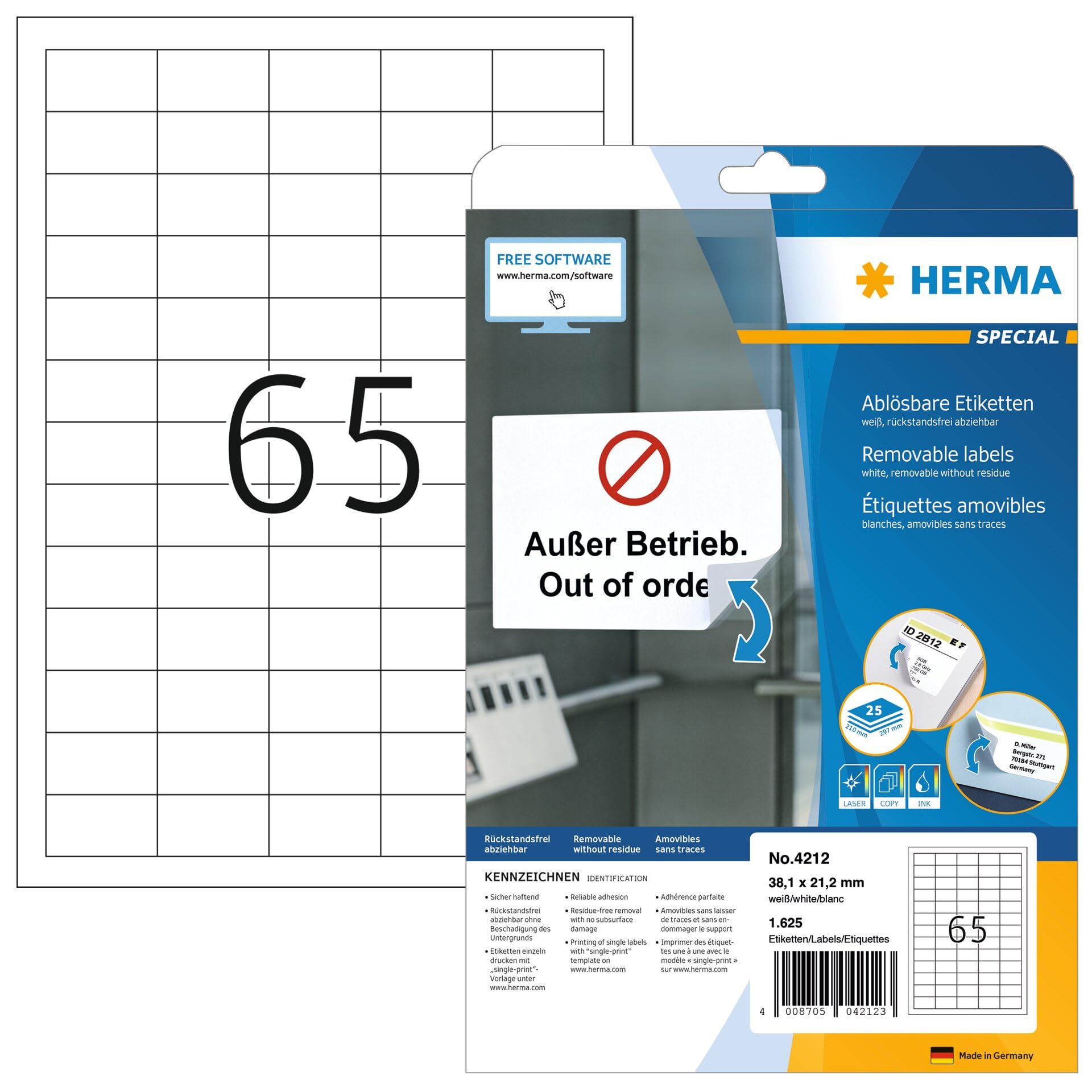 HERMA Self Adhesive Removable Multi-Purpose Labels, 65 Labels Per A4 Sheet, 1625 Labels For Printers, Small, 38.1 x 21.2 mm (4212), White