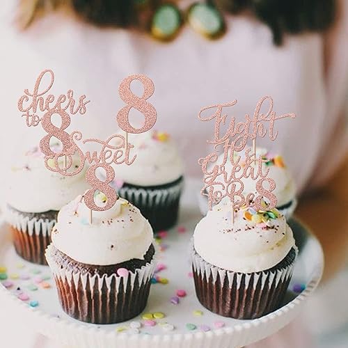 Miniatura 5 de Rsstarxi Paquete de 30 adornos para cupcakes de 8 cumpleaños con purpurina de oro rosa ocho Hello 8 para cupcakes decoraciones para pasteles de 8