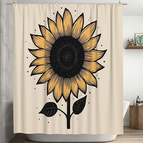 YLATY2371 - Cortina de ducha con diseño de girasoles para baño, pétalos florales amarillos, hojas negras, juego de cortina de ducha bohemia, tela