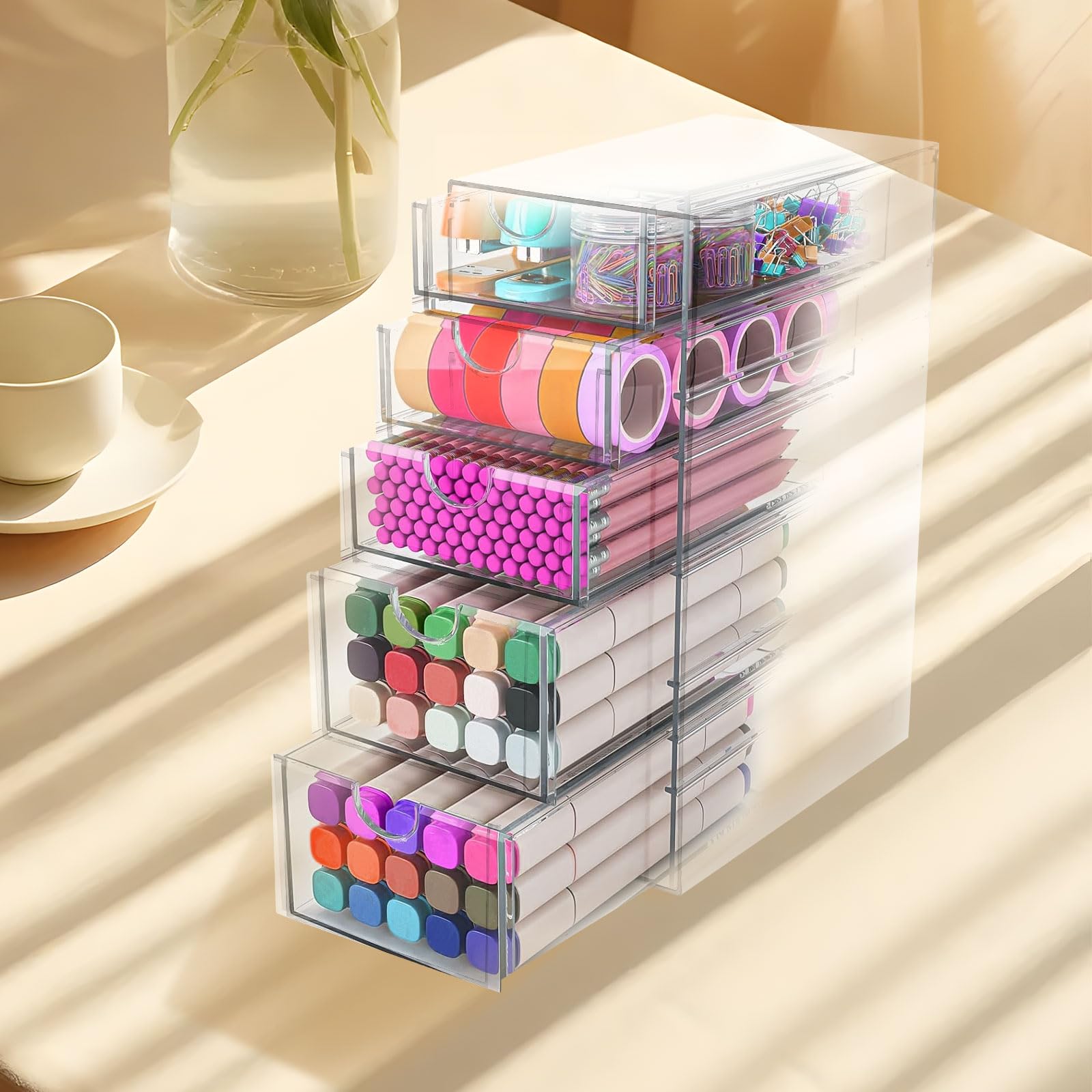 Organizador de cajones acrílico de 5 niveles, organizador de cajones de plástico transparente, organizador de maquillaje apilable con 5 cajones deslizantes, cajón de gran capacidad para dormitorio,