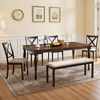 6-Piece Solid Wood Dining Table Set, 71" Farmhouse Kitchen Table with 4 Upholstered Chairs and Bench, Large Dining Room & Kitchen Furniture Set, Brown & Black