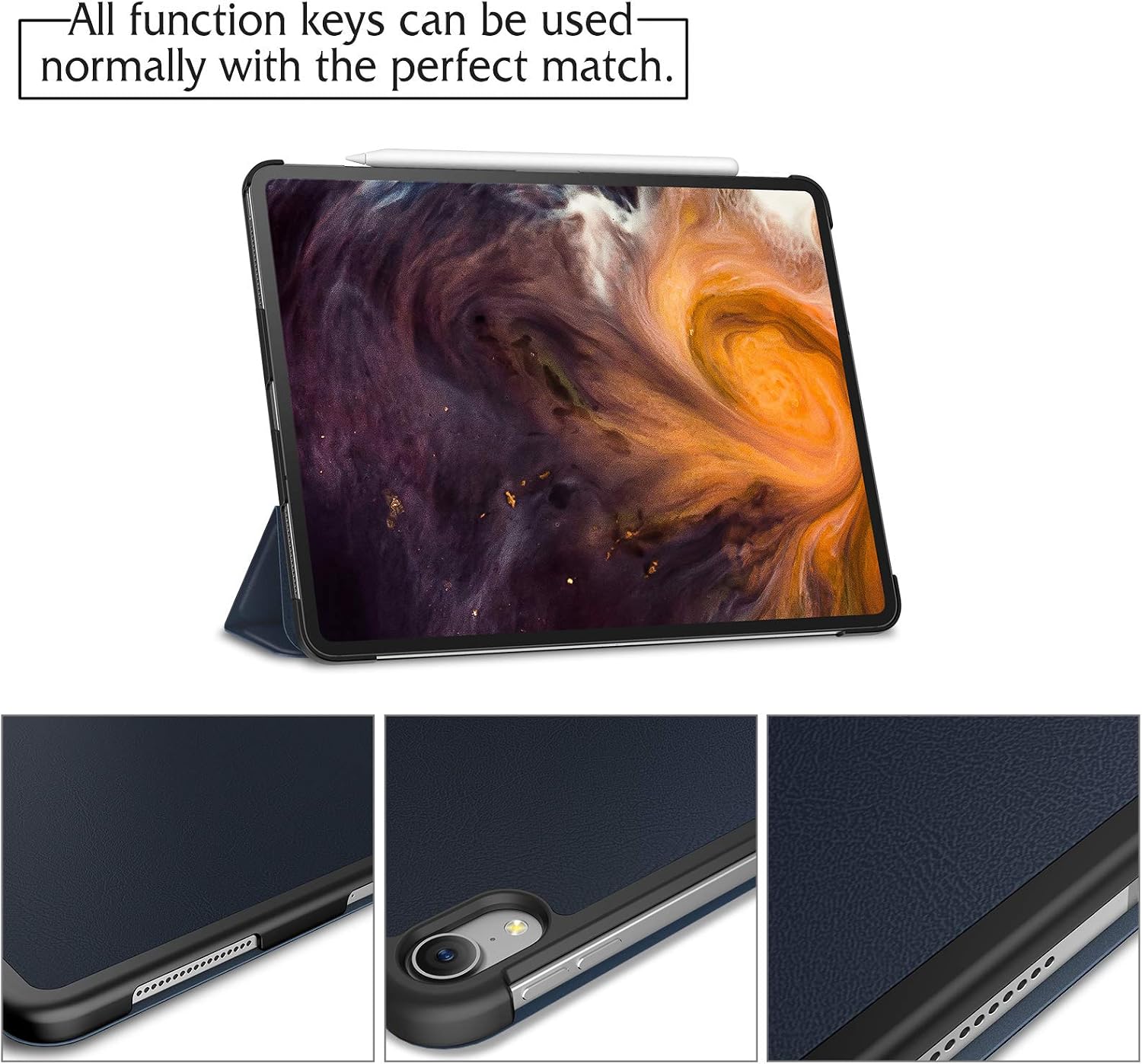 Infiland iPad Pro 12.9 2018 Case, Tri-Fold Case Cover Compatible with iPad Pro 12.9 Inch 3rd Gen 2018 Release (Support 2nd Gen Apple Pencil Wireless Charging, Auto Wake/Sleep) Navy