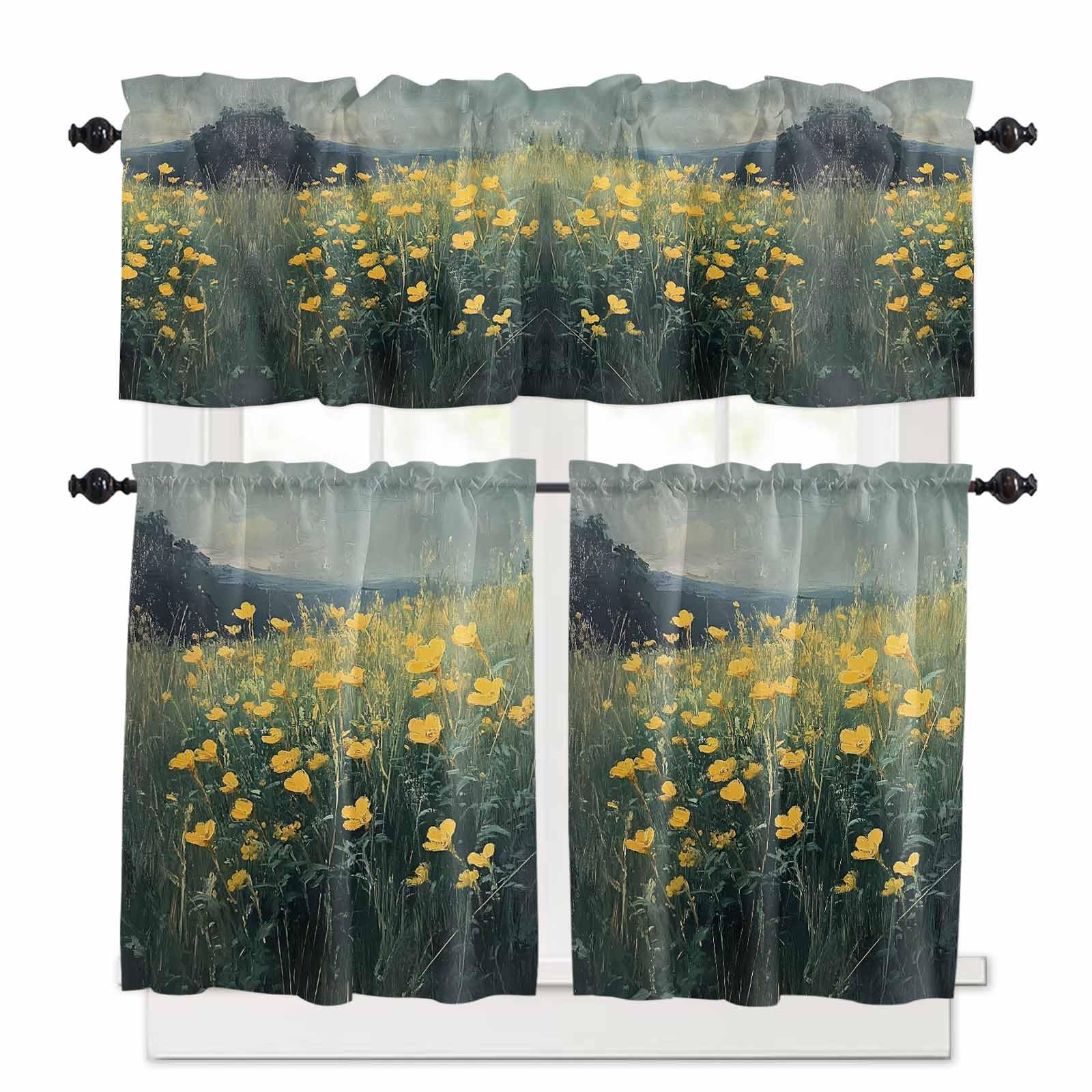 Yellow Spring Floral Kitchen Curtains 36 Inch Length,3 Piece Rod Pocket Small Half Tiers and Valance Set,Modern Oil Painting Green Botanical Small Large Window Treatment Decor for Bedroom/Bathroom