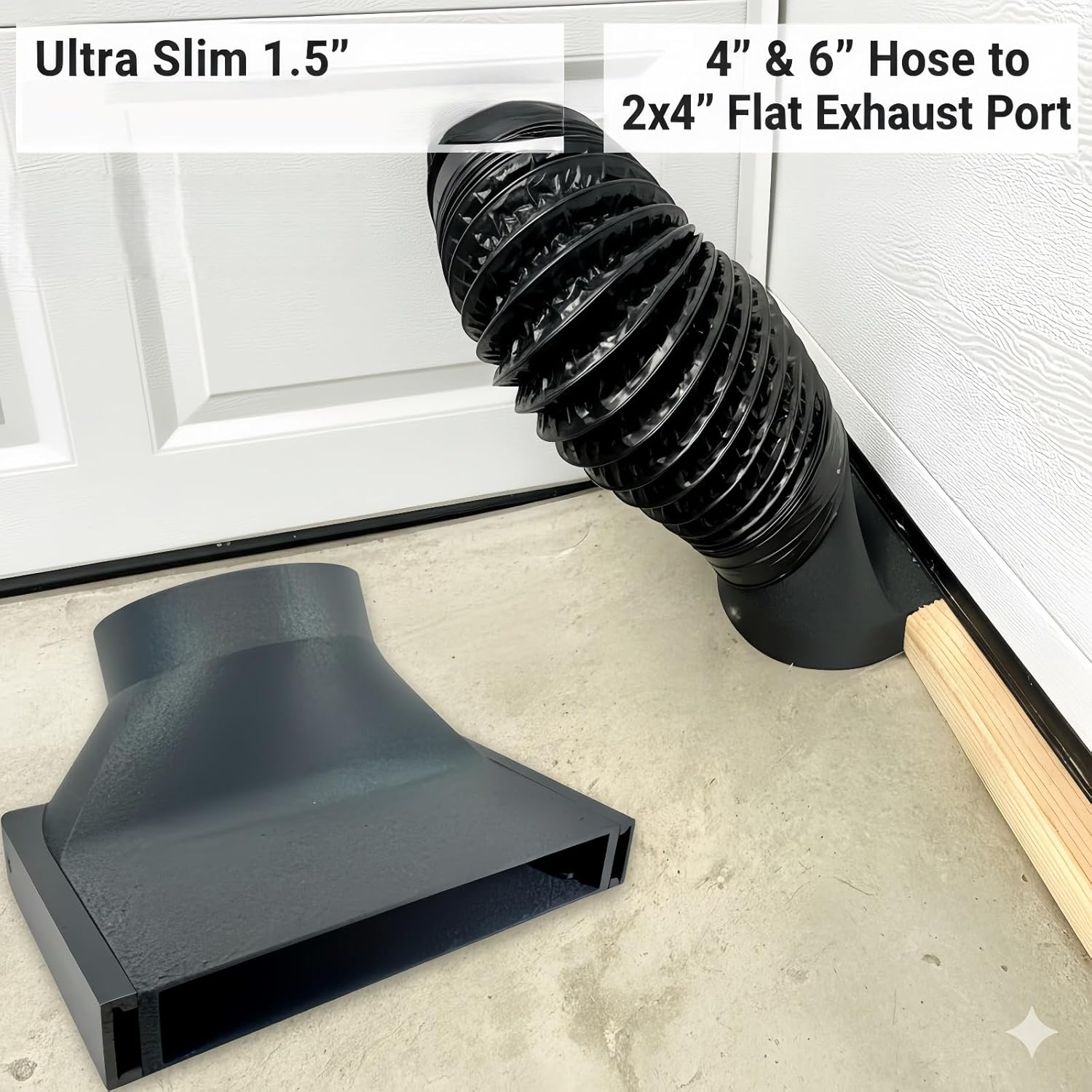 Ultra Slim 1.5" Garage Door Vent Hood Adapter, 4" & 6" Hose to 2x4" Flat Exhaust Port, Sealed Duct for Workshop (6in)