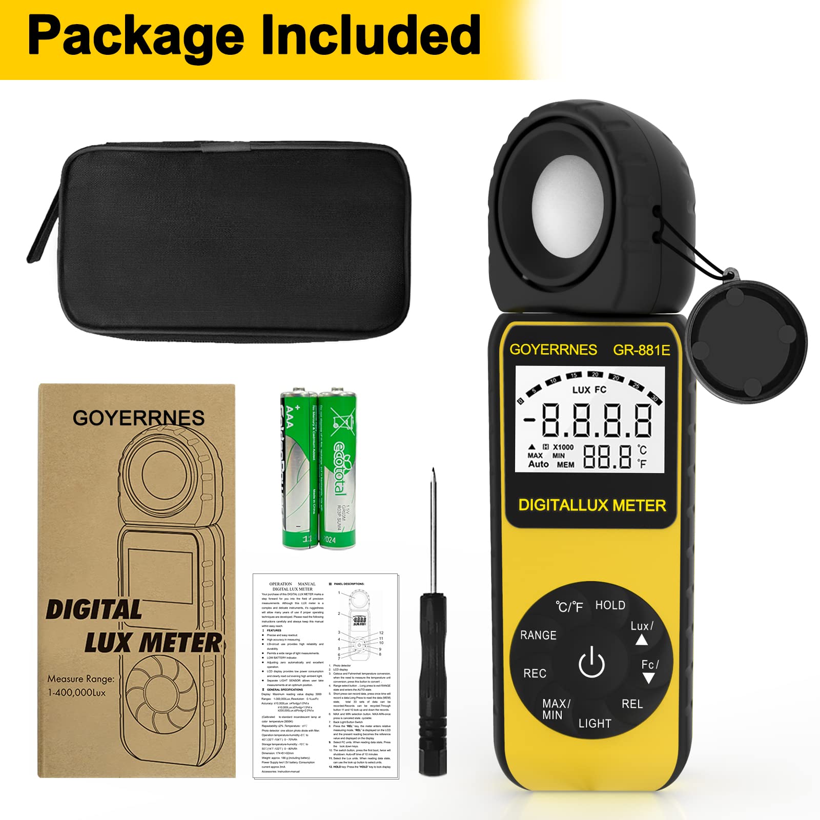 Medidor de luz medidor de iluminancia Digital, GR-881E Lux Meter de Mano de iluminación de Temperatura Ambiente Mide hasta 300.000 Lux fotómetro con 270º Detector Giratorio para fotografía LED.