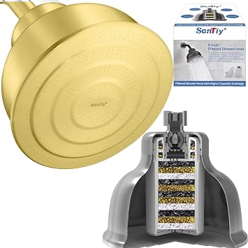 SonTiy Filtered Shower Head, All Metal Shower Filter Head For Hard Water Removes Chlorine, Improve Hair,Nails & Skin, Adjustable High Pressure Water Softener Showerhead, 6 Inch, Gold