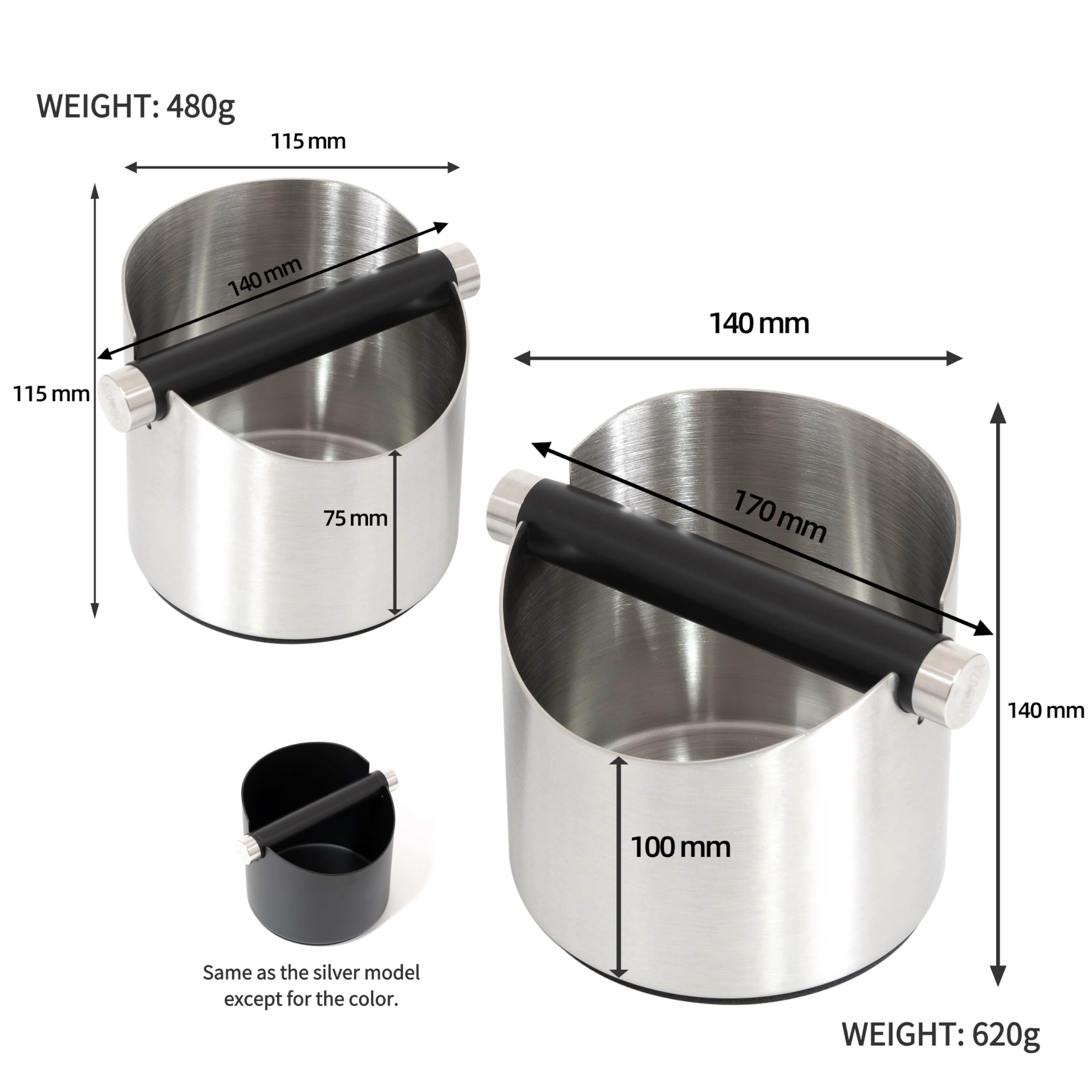 NEOUZA Knock Box - Pattumiera per macchina da caffè espresso, accessorio da barista, assorbe gli urti, con barra in metallo rimovibile (nero, M)