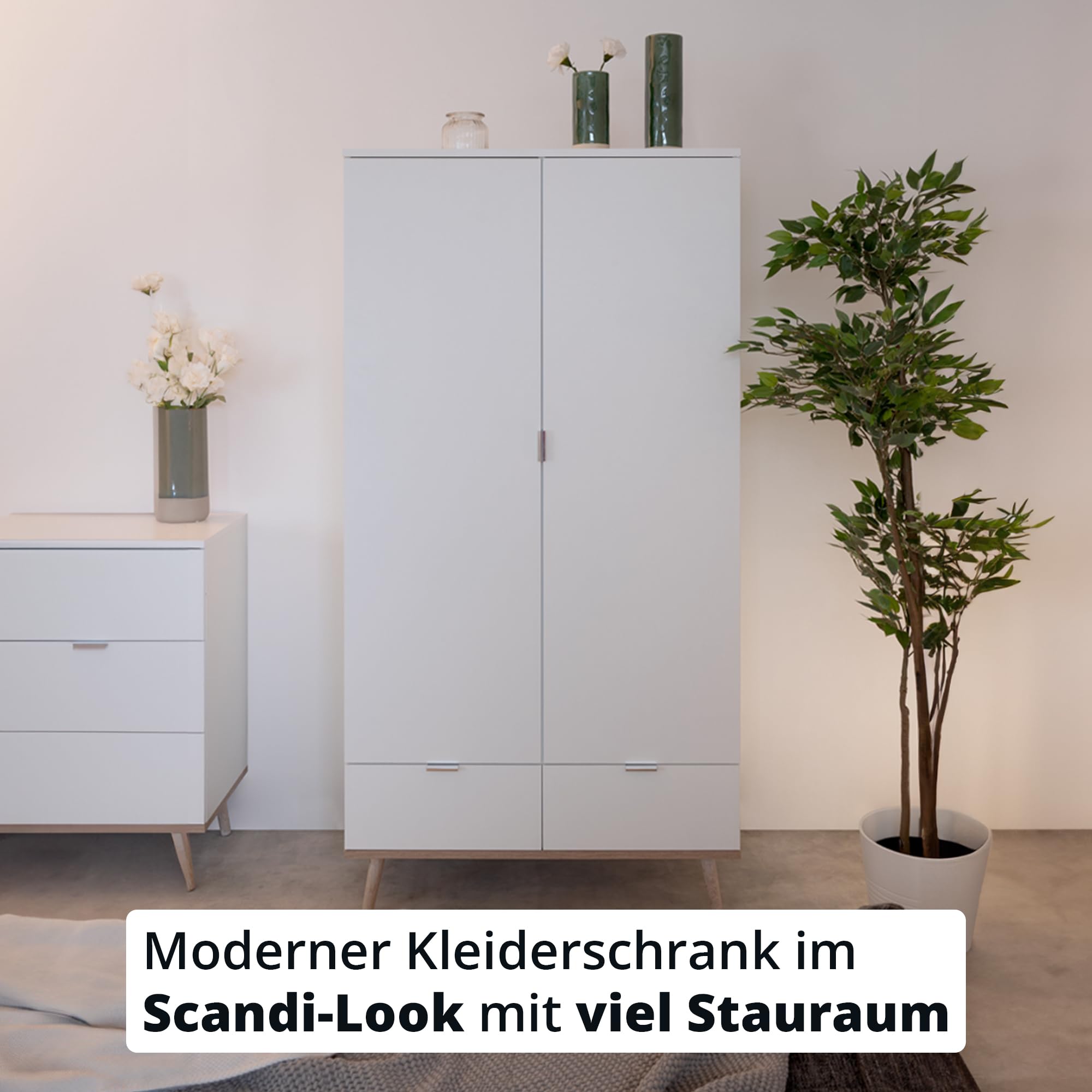 KHG Kleiderschrank 2-türig mit 2 Schubladen Scandi, Schublade, Tür | Sideboard aus Holzwerkstoff weiß foliert für Schlafzimmer, inkl. Kleiderstange 90x180x55 cm (B/H/T), für Stauraum