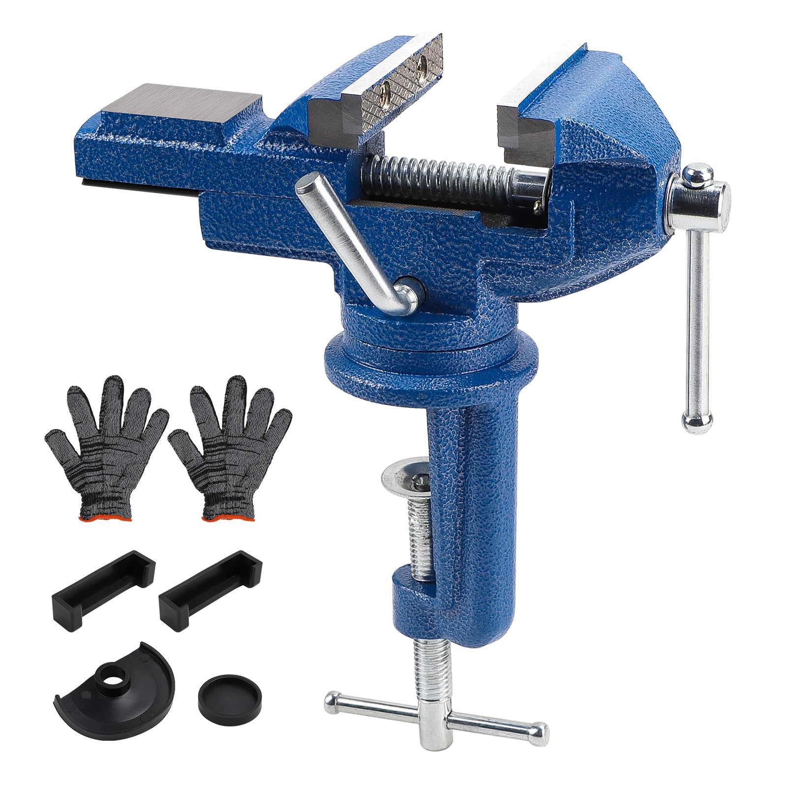 SWAWIS Tornillo de Banco, Ancho de Mordaza de 75 mm, Mordaza de Banco con Base Giratoria de 360, Para Fijar Piezas de Trabajo Como Madera y Metal, Azul