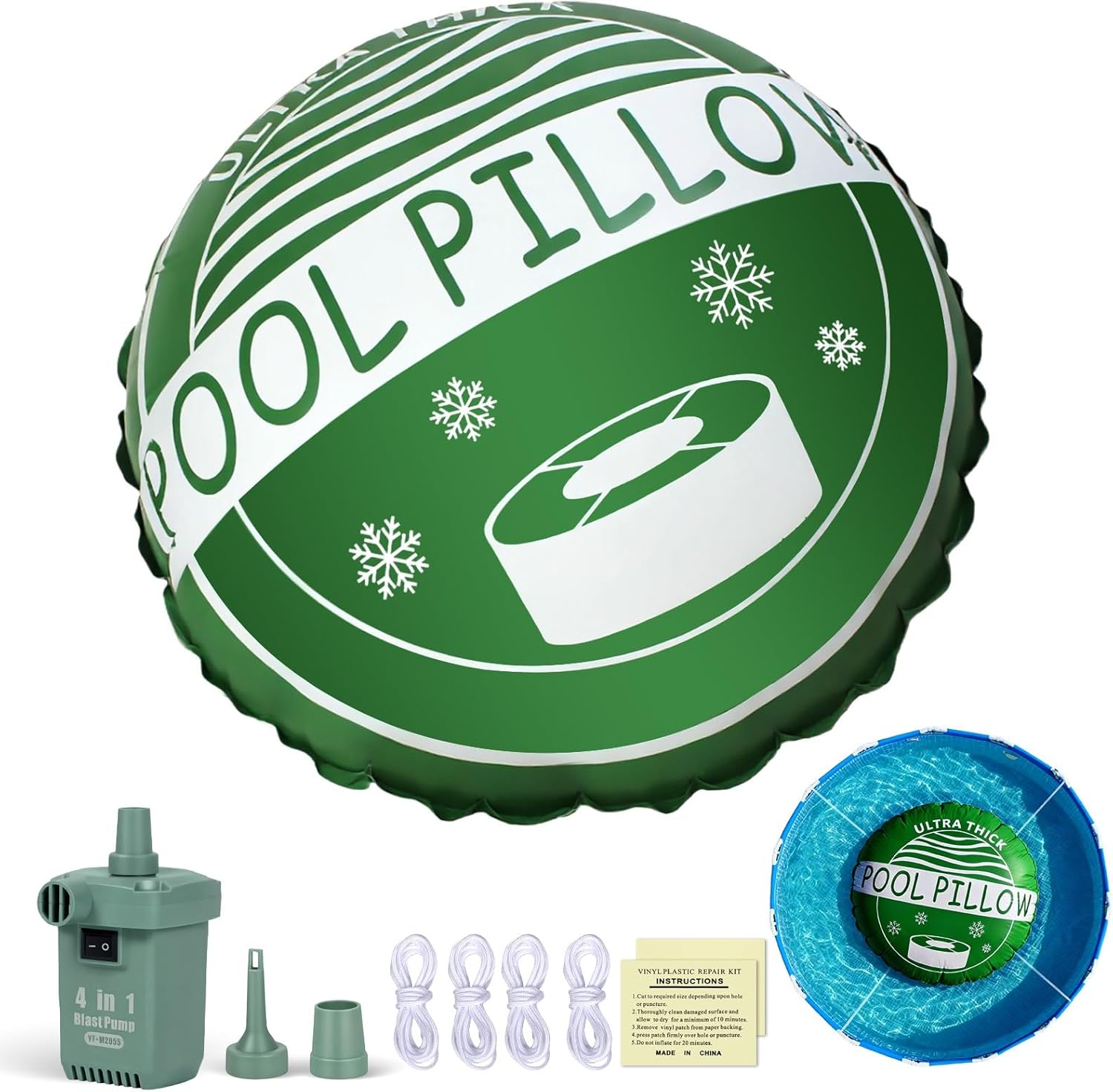 Above Ground Pool Pillow - 5x5 Ft Round Air Pillow for Winterizing, 0.5mm Extra PVC Material, Pump & Ropes & Patches Included, Green