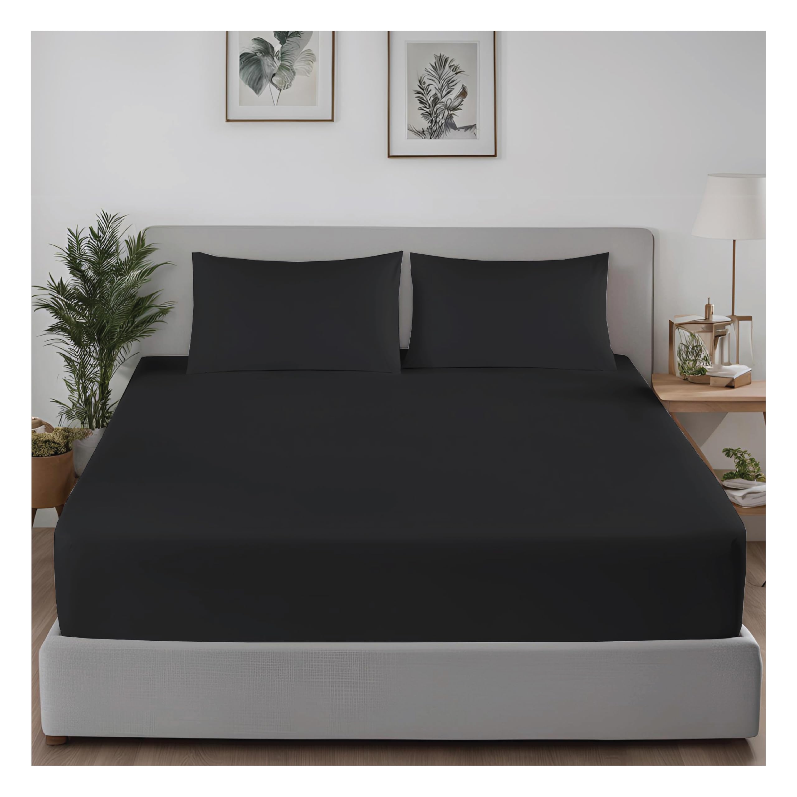 J.Din Single Fitted Sheet Black Bottom Bed Sheets Soft Brushed Microfiber Deep Pocket 12 Inch (30 cm) Breathable, Shrinkage and Fade Resistant Easy Care 90x190cm