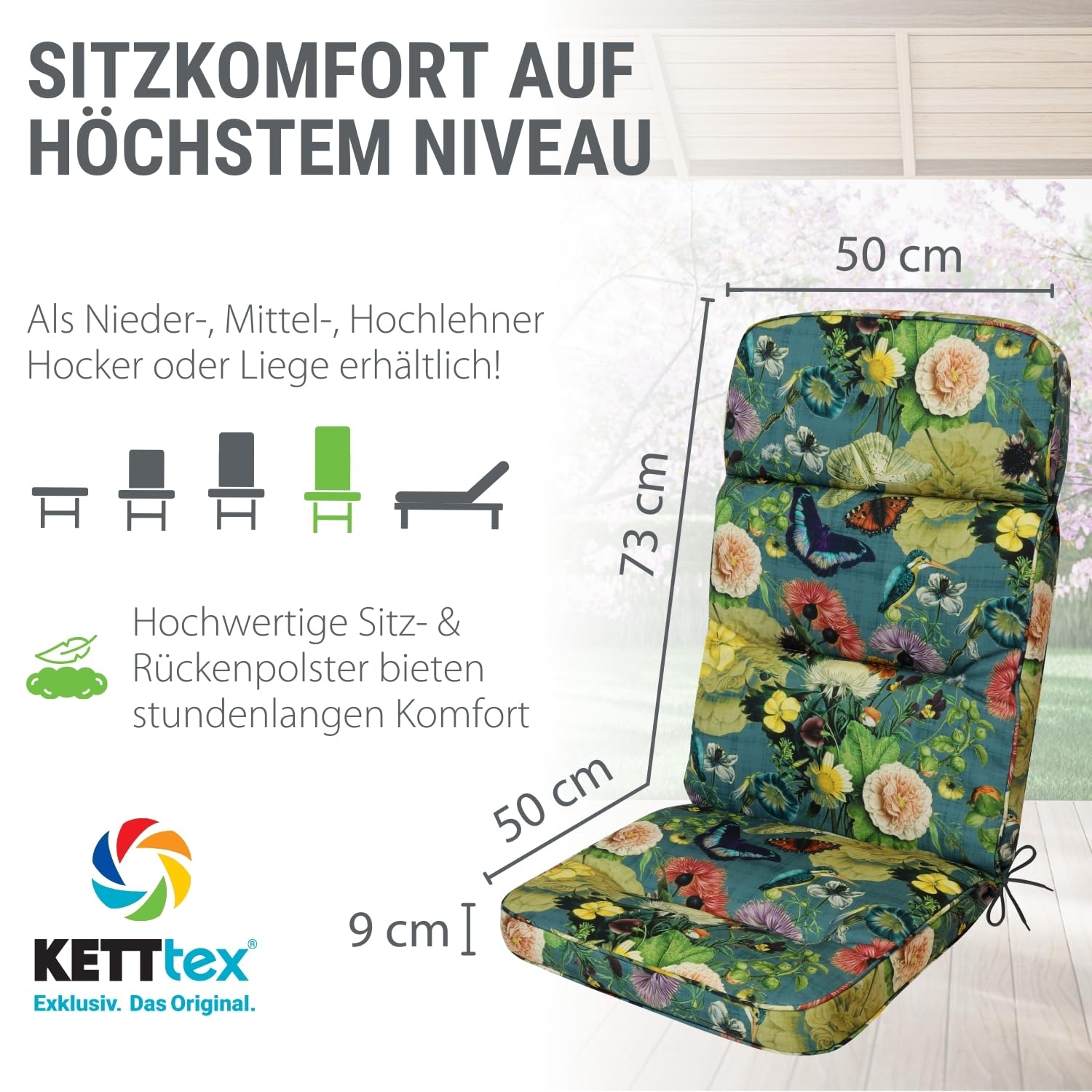 Auflage Hochlehner Butterfly I Gartenstuhl Polster 123x50x9cm I hochwertige und Pflegeleichte Sesselauflage I Wetter- und formbeständige Stuhlauflage I KTH3 Sitzauflage