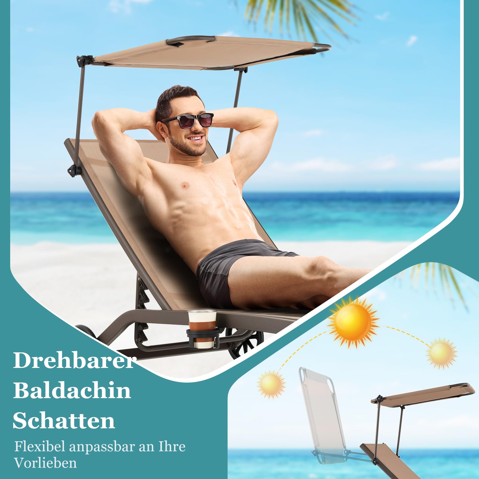 GOPLUS Gartenliege, Sonnenliege mit Dach, Liegestuhl Garten mit Rollen & Getränkehalter, Rücklehne 6 stufig verstellbar, Gartenliege wetterfest, bis 150kg belastbar, 165 x 61 x 96cm (Braun)