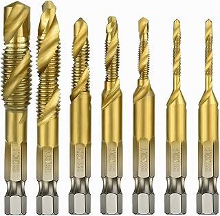 7Pcs Titanium Combination Thread Drill and Tap Set, Metric HSS M3-M10 Screw Tapping Countersink Bit Tool 1/4" Hex Shank (Titanium Coated)