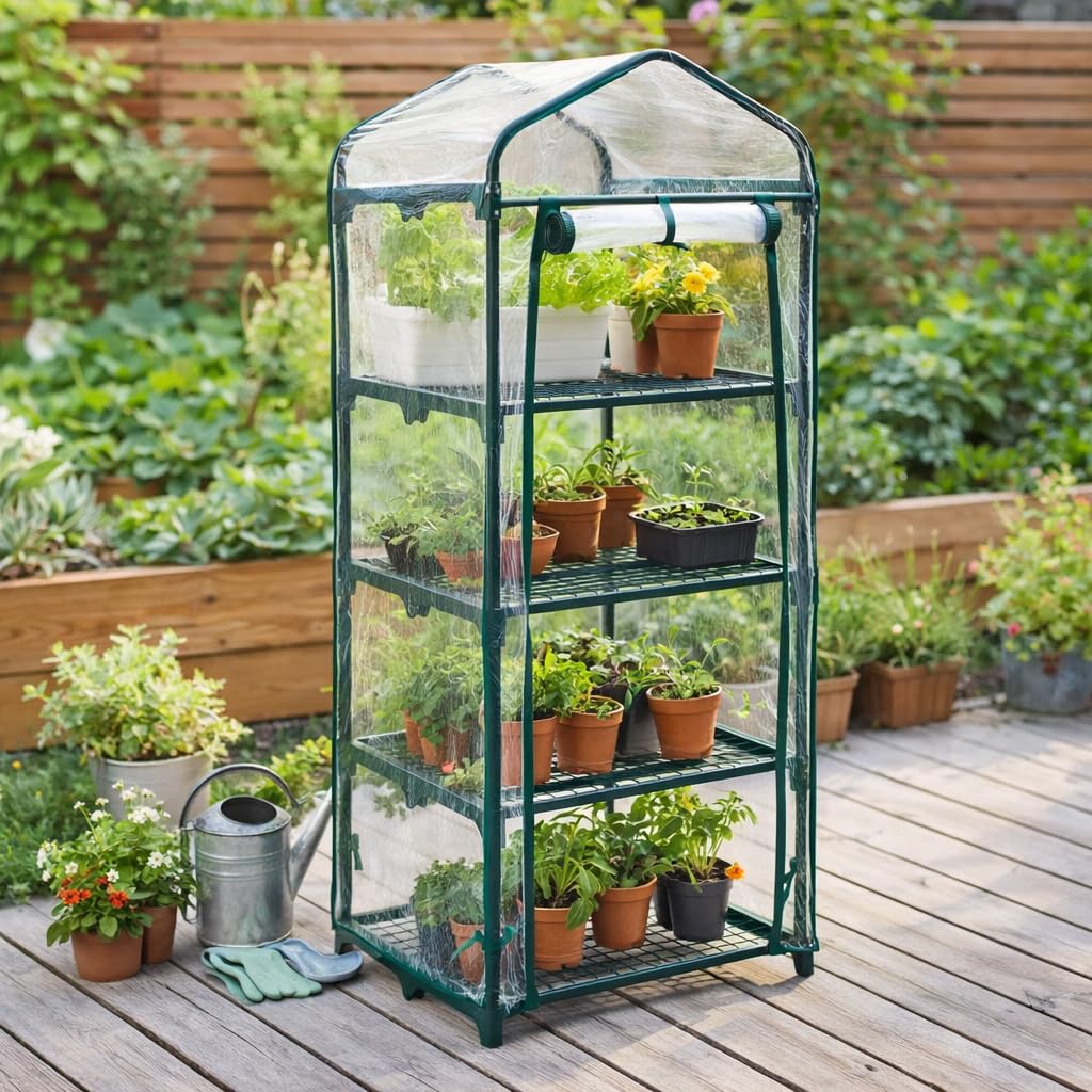 Garden Mile 4 Tier Mini Greenhouse – 4ft Tall Outdoor Grow House with Clear PVC Cover & Shelves – Portable Heavy Duty Cold Frame for Vegetables, Herbs & Flowers
