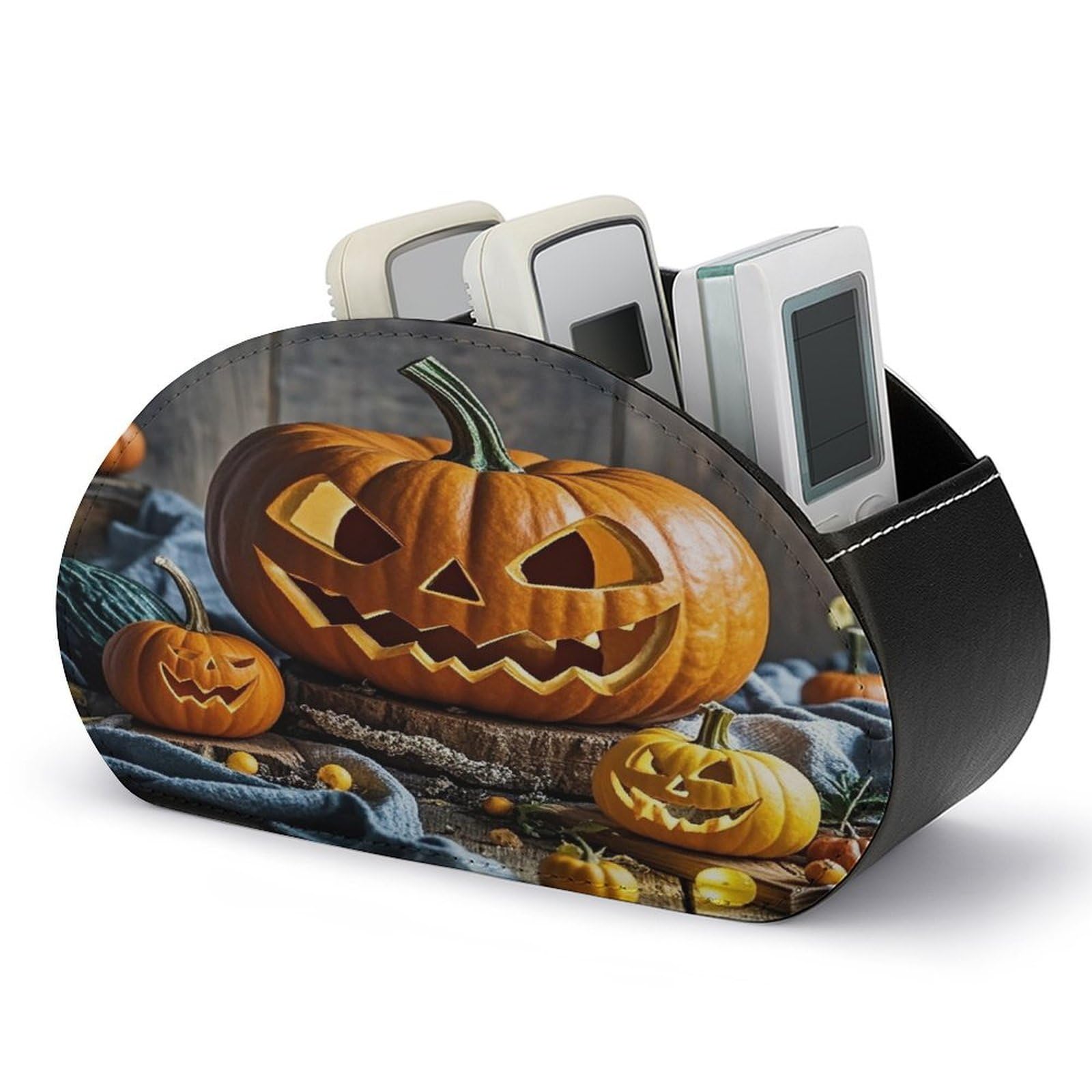 LZQPOEAS Halloween Pumpkin Remote Control Holder with 5 Compartments PU Leather Remote Organizer Box Caddy for Table Nightstand Remote Caddy Desktop Organizer Fits Media Controllers