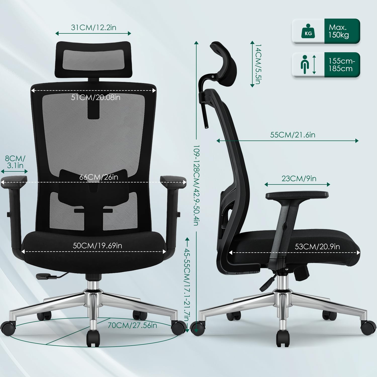 Bürostuhl Ergonomisch, Ergonomischer Bürostuhl mit Verstellbarer Lendenwirbelstütze, Armlehnen und Kopfstütze, Drehstuhl Schreibtischstuhl, Bürostuhl 150 kg Chefsessel Wippfunktion bis 135°