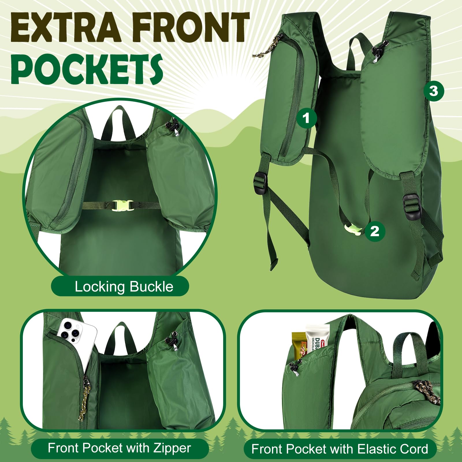 Mochila de senderismo, mochila plegable de 12 litros, ligera y resistente al agua para senderismo, campamento y actividades al aire libre (verde oscuro) 2