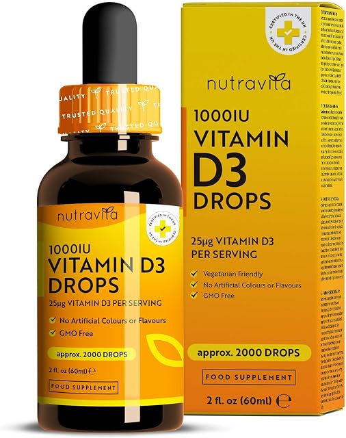 Vitamin D3 Drops 60ml (2000 Drops)  Vitamin D 1000IU per Drop  Flexible Dose of Liquid Vitamin D Supplement  Supports Normal Bones, Immune System & Calcium Absorption - Made in The UK by Nutravita