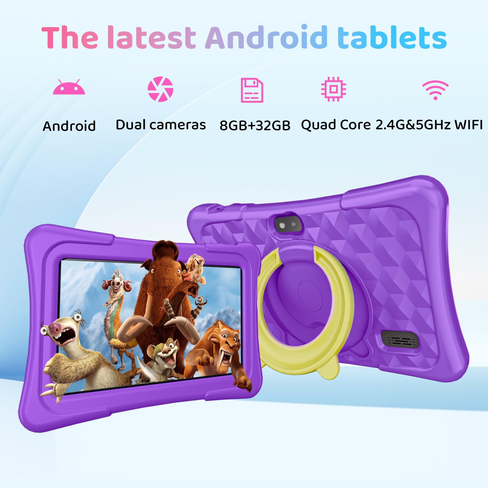 Tablet per bambini, 7 pollici, Android 15, 8 GB+32 GB, 1 TB espandibile, quad-core, con custodia antiurto, BT5.0, WiFi 5, controllo genitori, giochi, doppia fotocamera (viola)