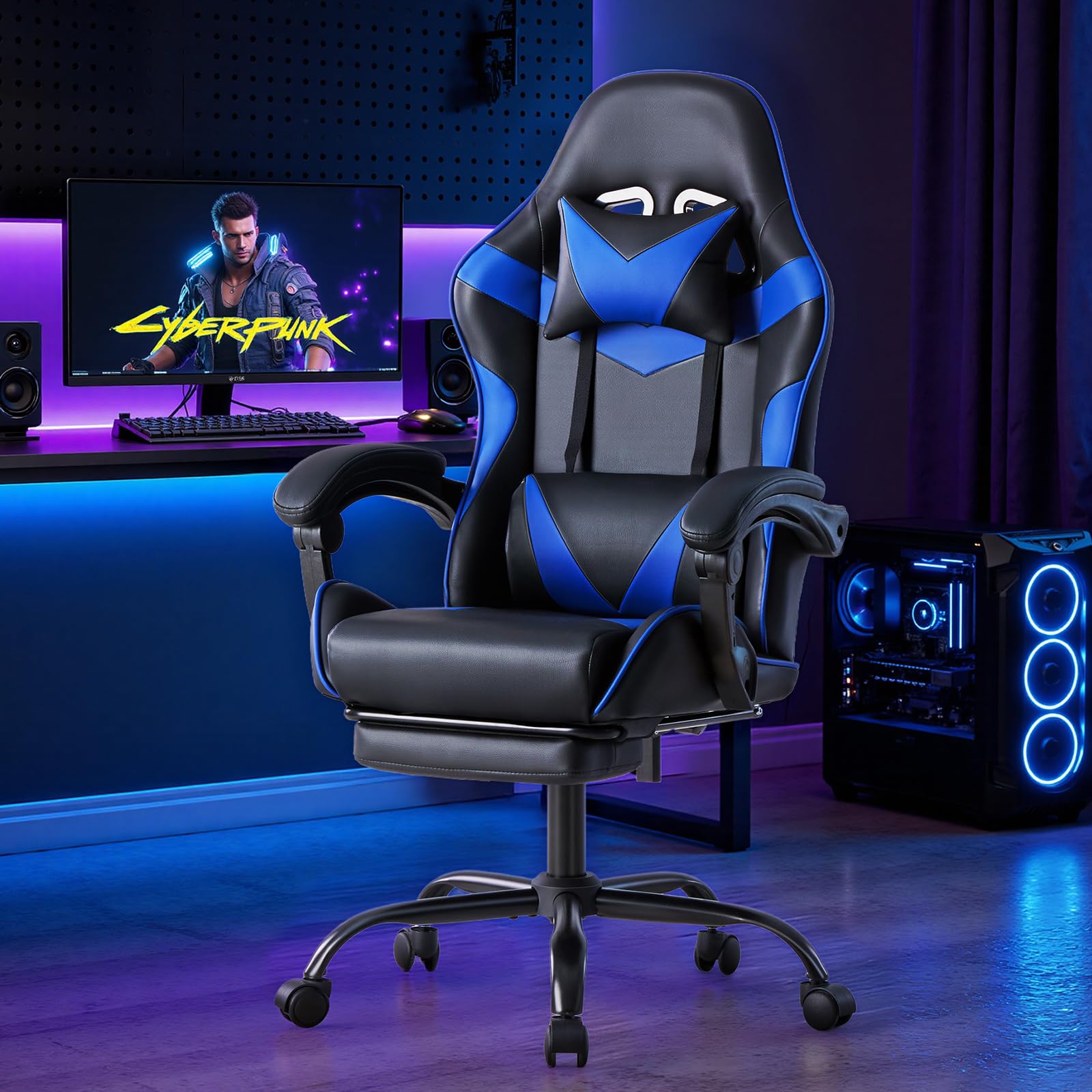 Sweetcrispy Silla de Gaming, Silla de Juegos con reposapiés, Soporte Lumbar, Silla ergonómica de PC, Silla de Oficina Ajustable en Altura, Silla de Ordenador, Silla de Escritorio giratoria, Azul