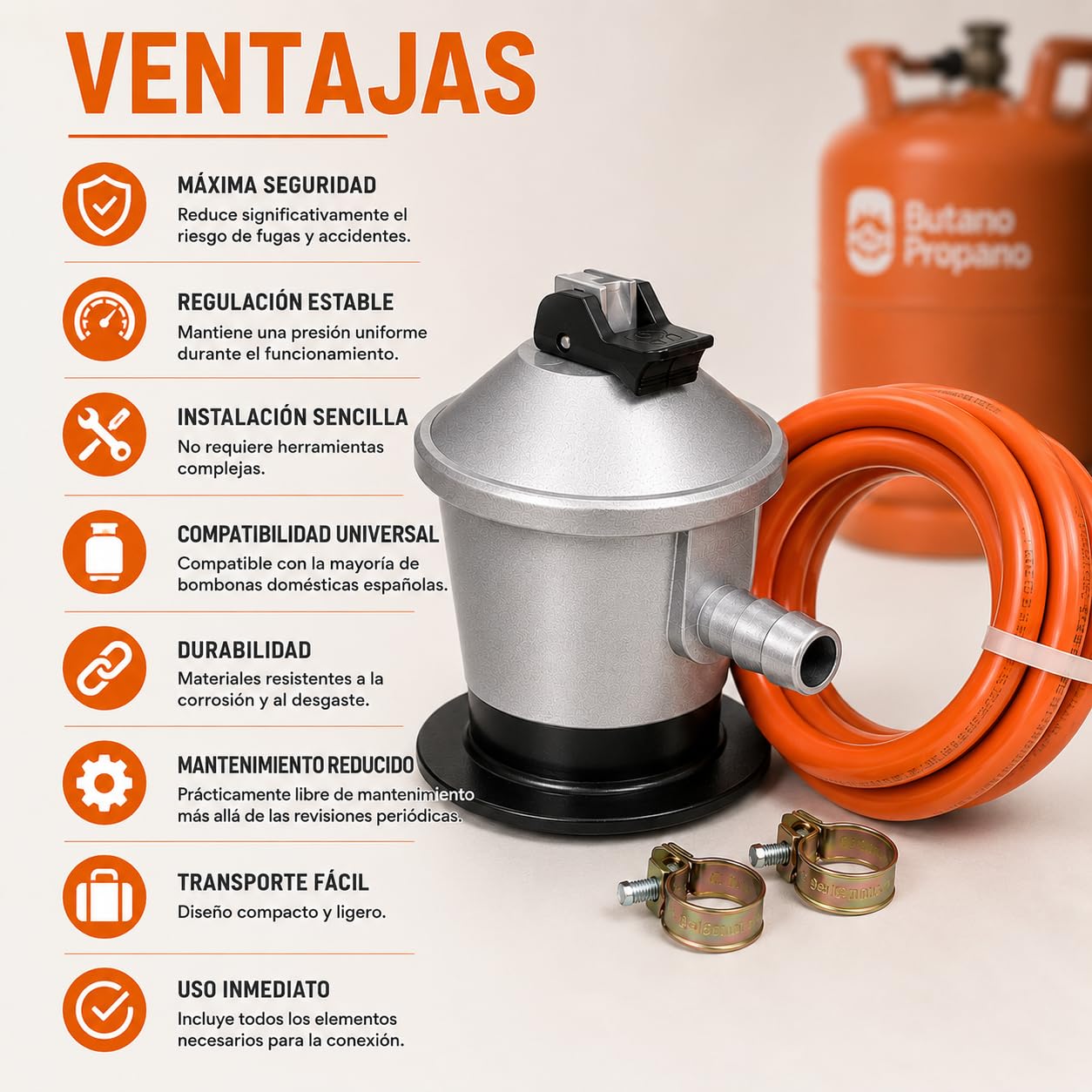 CABLEPELADO Kit Regulador Gas Butano con Valvula de Seguridad, Kit Regulador Gas, Kit regulador butano, Incluye Manguera de 1.50 metros y 2 Abrazaderas, Compatible con Butano, Propano, GLP