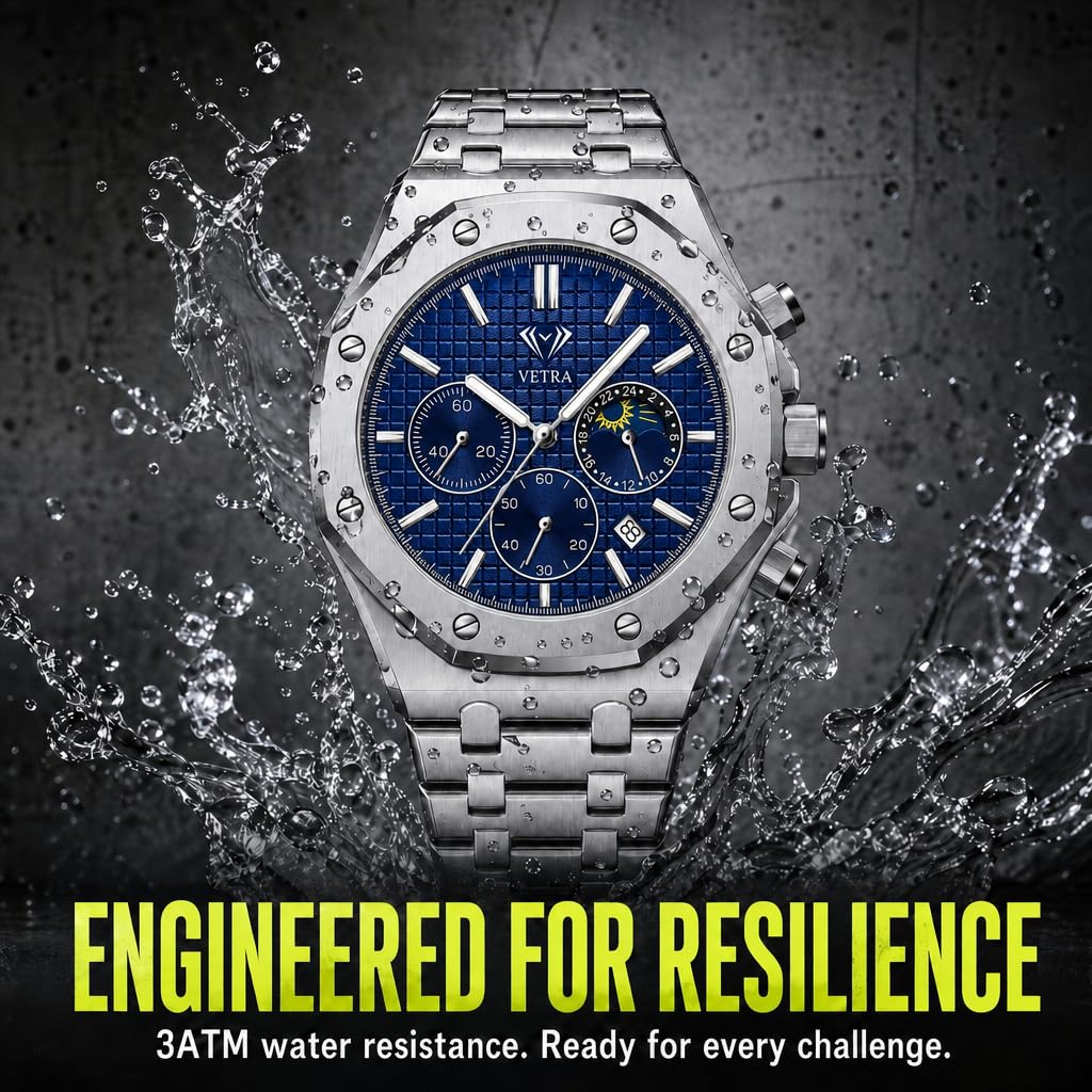 Vetra Orologi da uomo ottagonali di lusso multifunzione orologi per uomo analogico fasi lunari quadrante blu in acciaio inossidabile luminoso impermeabile data regalo per uomo Relojes para Hombres