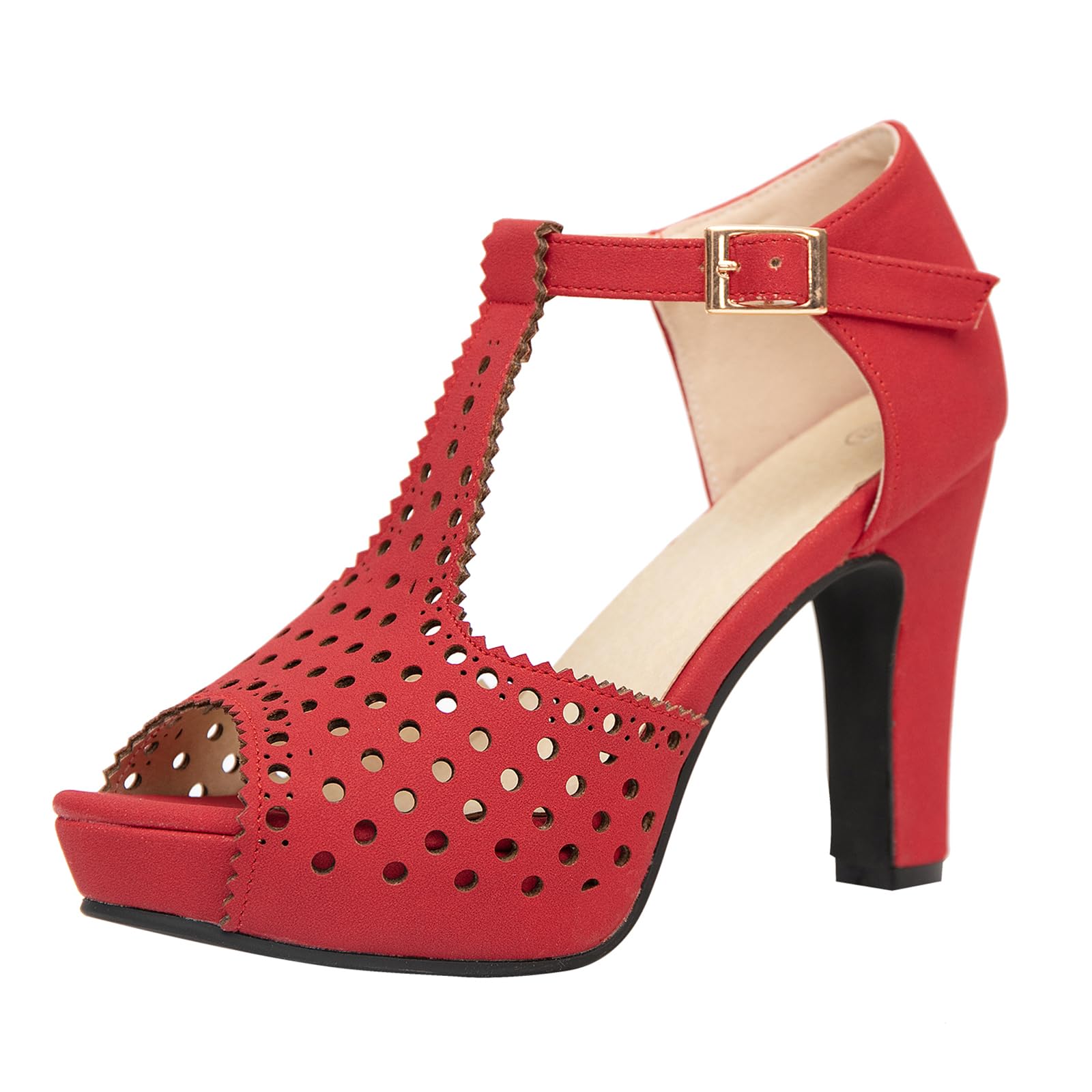 getmorebeauty Women's Vintage Heeled Sandals Suede Ankle T Straps Dress Block High Heel Sandals Women Shoes