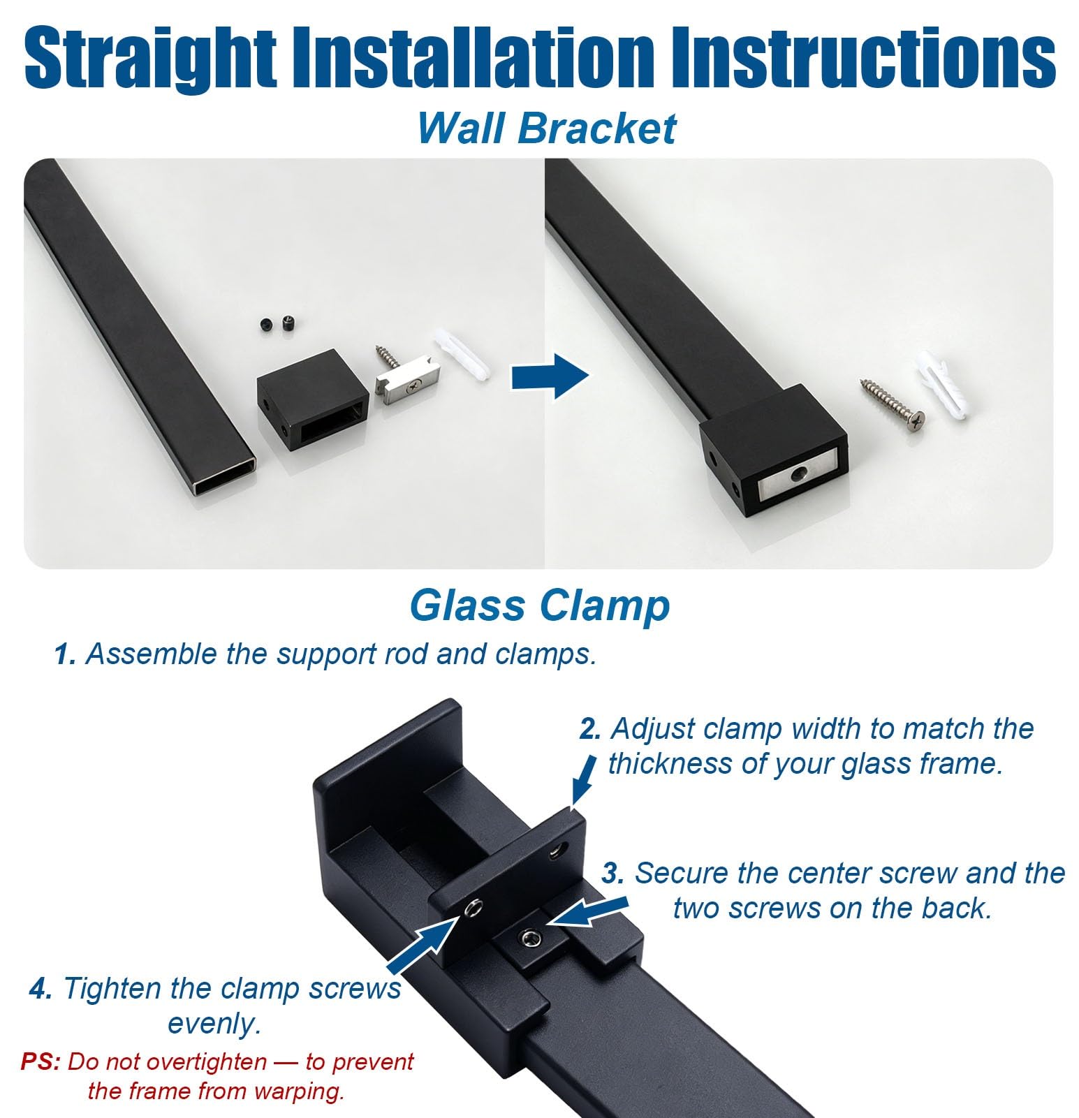 Vibeo Barra Stabilizzatrice per Box Doccia Barra di Supporto Lunga per Parete Doccia, Stabilizzatore per Vetro con Morsetti Regolabili, Asta di Rinforzo Anti-Oscillazione per Portas | [](Matte Black,70cm/27.6in)
