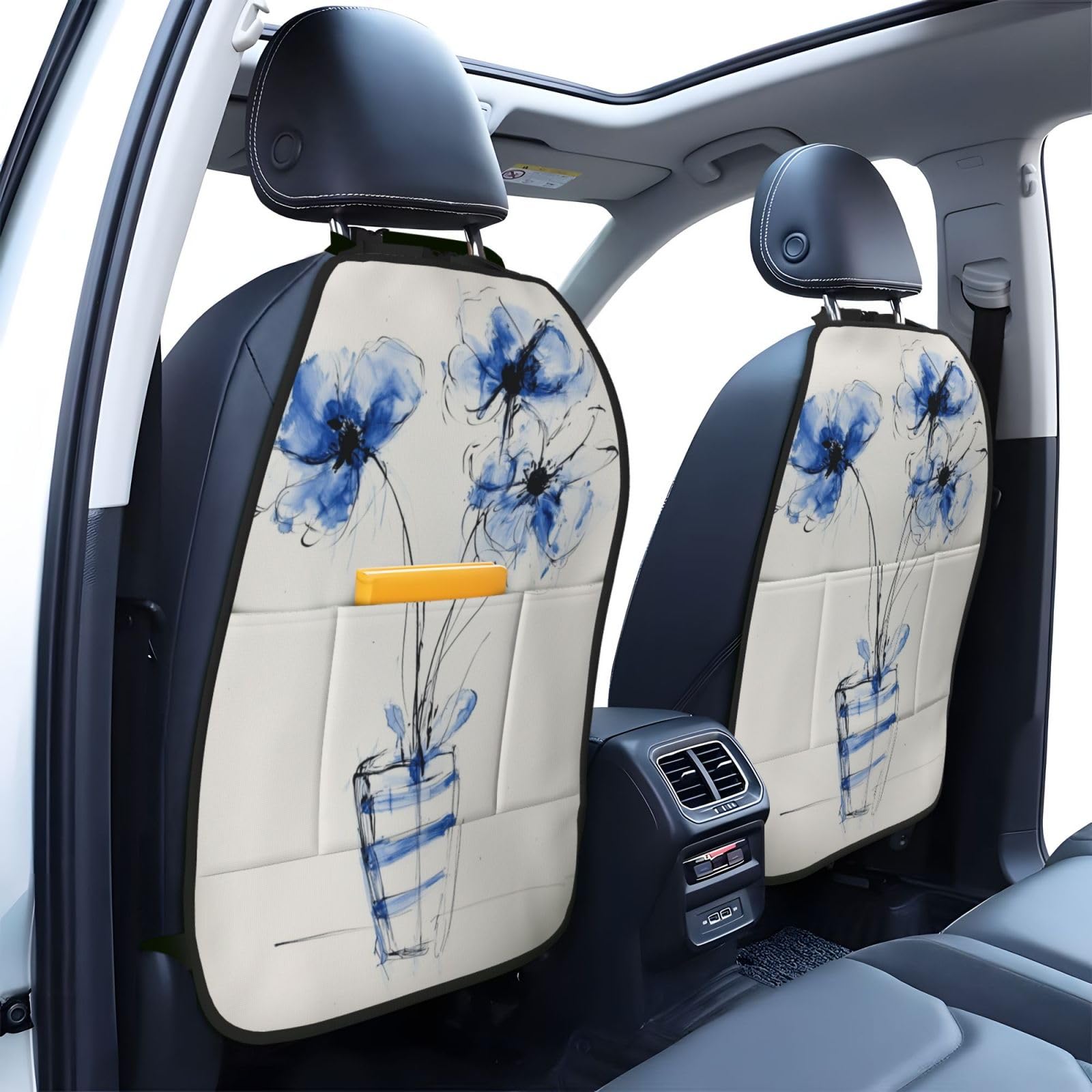 Blue Flowers In A Striped Vase Line Art Car Seat Back Kick Protectors,2 Pack Kick Mats With Storage Pockets For Vehicles To Protect From Dirt Mud Scratches
