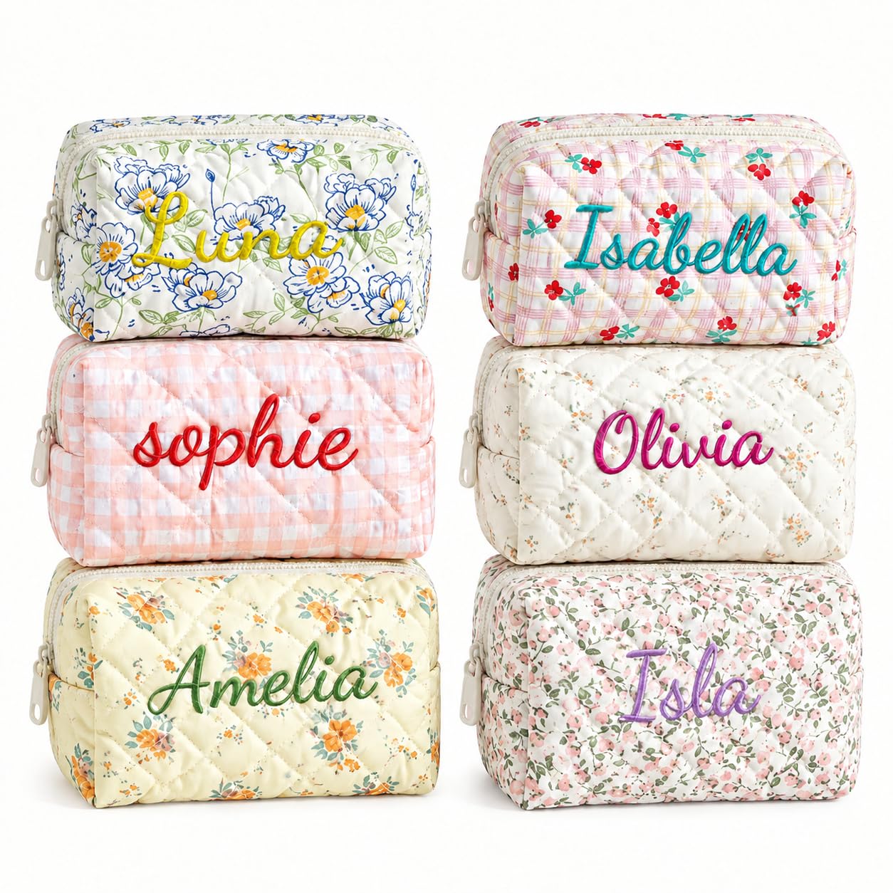 Custom Embroidered Flower Cosmetic Bag with Assorted Floral Designs. Portable Zipper Makeup Storage Pouch, Ideal for Daily Life and Travel, Gift for Ladies and Wedding Bridesmaids.