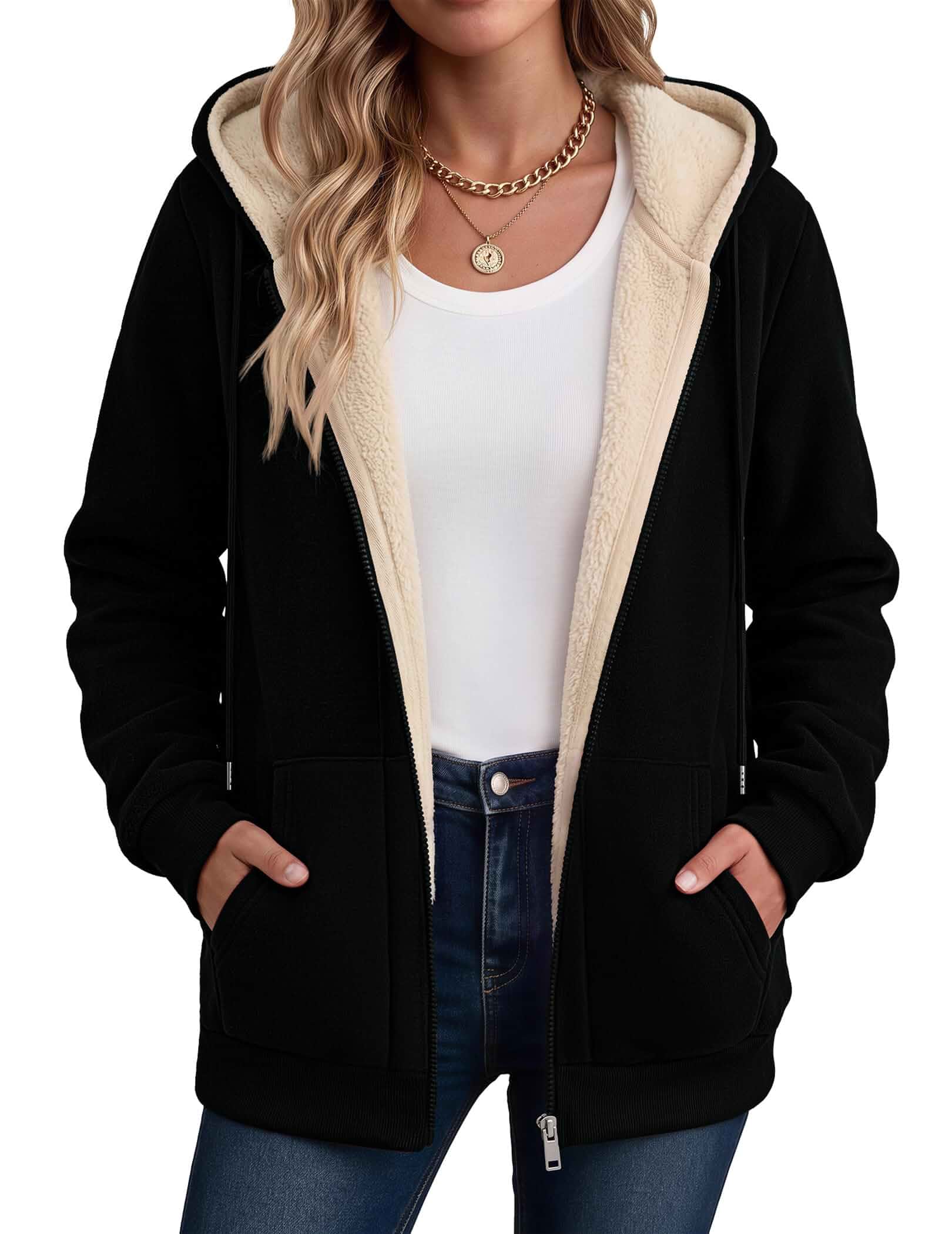 Zeagoo Women Sherpa Fleece Jacket Zip Up Thick Warm Hoodie Fall Winter Coat Comfy Fleece Lined,Long Sleeve Full-Zip Jacket,Drawstring Hooded, Kangaroo Pocket,Casual Winter Outerwear Coat