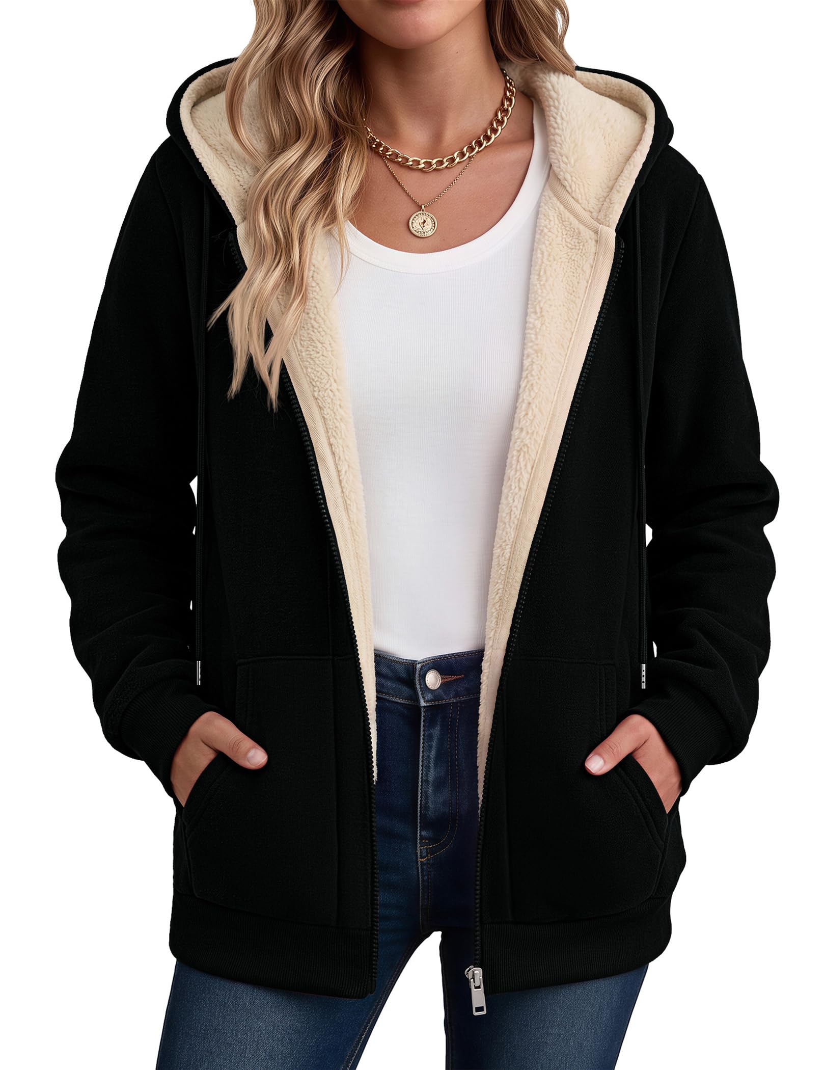 Women Sherpa Fleece Jacket Zip Up Thick Warm Hoodie Fall Winter Coat