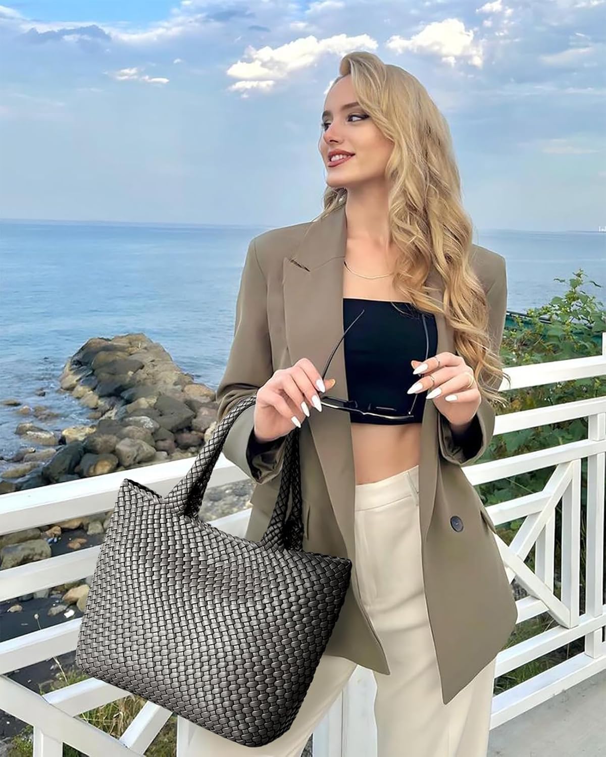 Woven Tote Bag for Women, Fashion Woven Bags for Women Vegan Leather Shoulder Handbags Large Summer Beach Travel Bag - Image 2