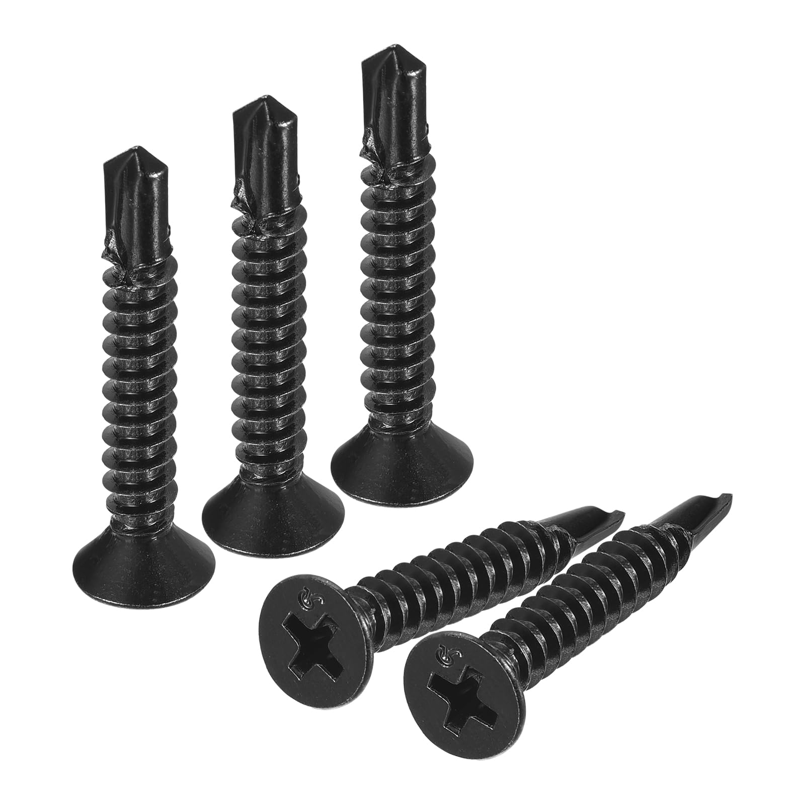 sourcing map ST4.8x32mm Sheet Metal Screws, 50pcs Black Oxide Zinc Plating Flat Head Phillips Drive Self Drilling Screws