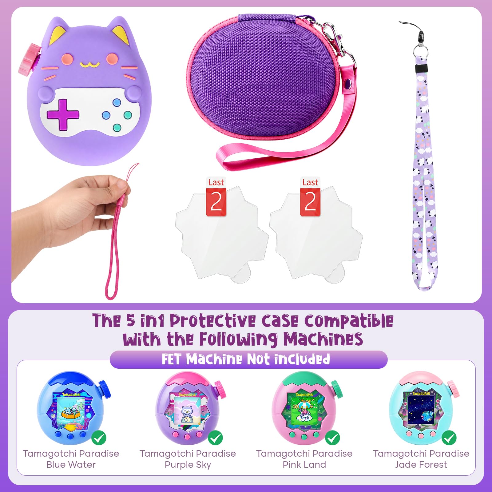 Silikon Hülle und Hartschalenkoffer kompatibel mit Tamagotchi Paradise Virtuelles Haustierspielzeug, Schutzhülle für Tamagotchi Paradise mit Handschlaufe, Bildschirmschutz und Umhängeband (Lila)