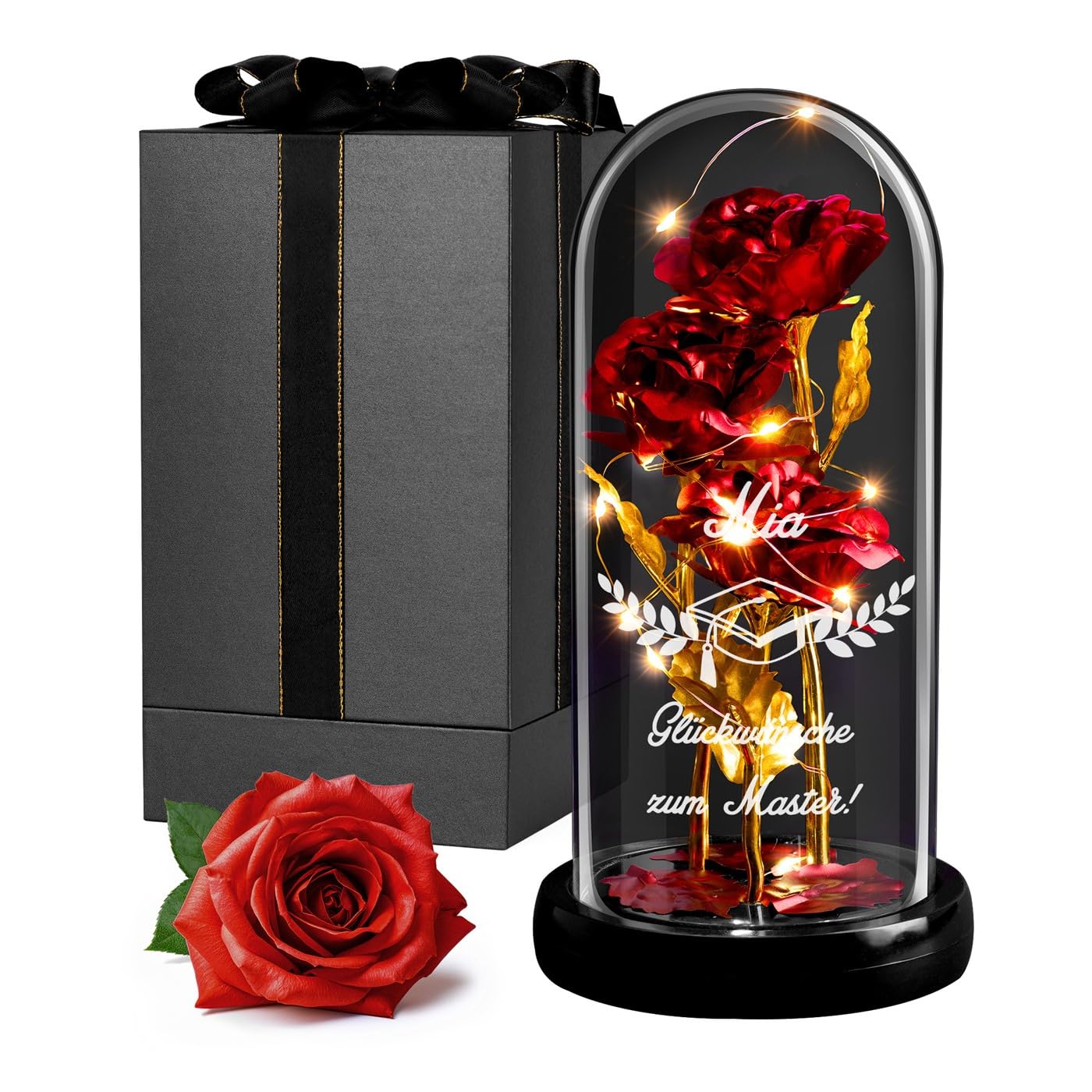 Maverton ewige Rose im Glas mit LED-Beleuchtung - Infinity Rose mit Gravur personalisiert - Geschenke für Frauen zum Valentinstag zu Weihnachten - Geburtstagsgeschenk für Frauen
