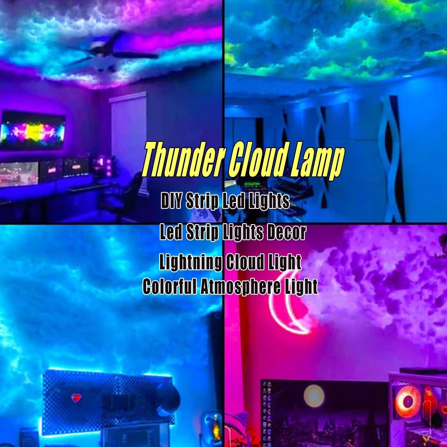 RGB Donner Wolke Lampe, Große Flauschige Wolke Blitz Geformte Bunte Lampe, LED Wolke Licht Decke Weihnachtsdekoration für Kinderzimmer Wohnzimmer Hochzeit Weihnachten 10m